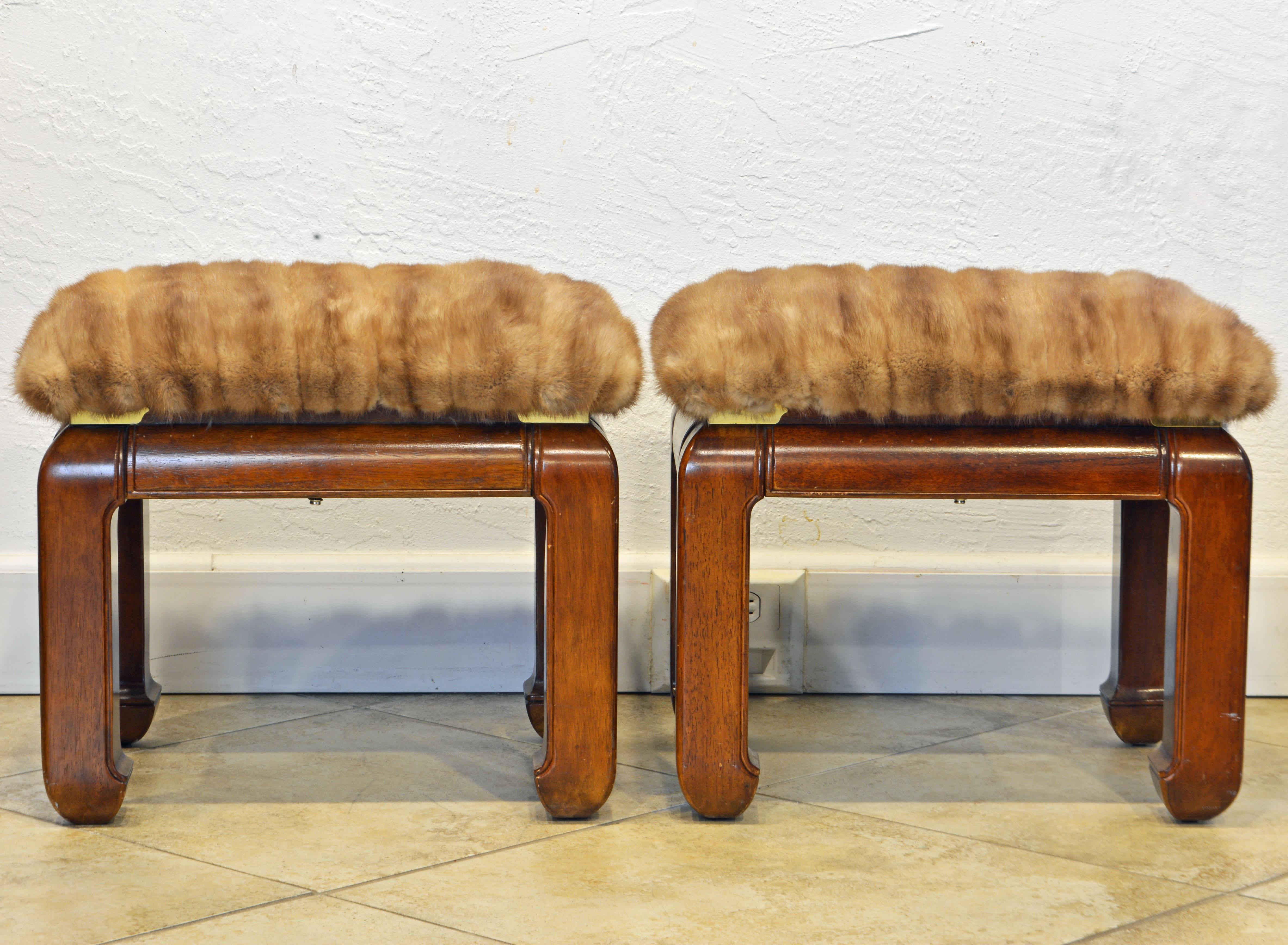 These Ming style carved benches are well constructed and sturdy. What sets them apart are the upholstered seats covered with real mink fur, 20th century.