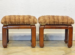 Pair of Ming Style Carved Benches with Upholstered Seats and Mink Fur