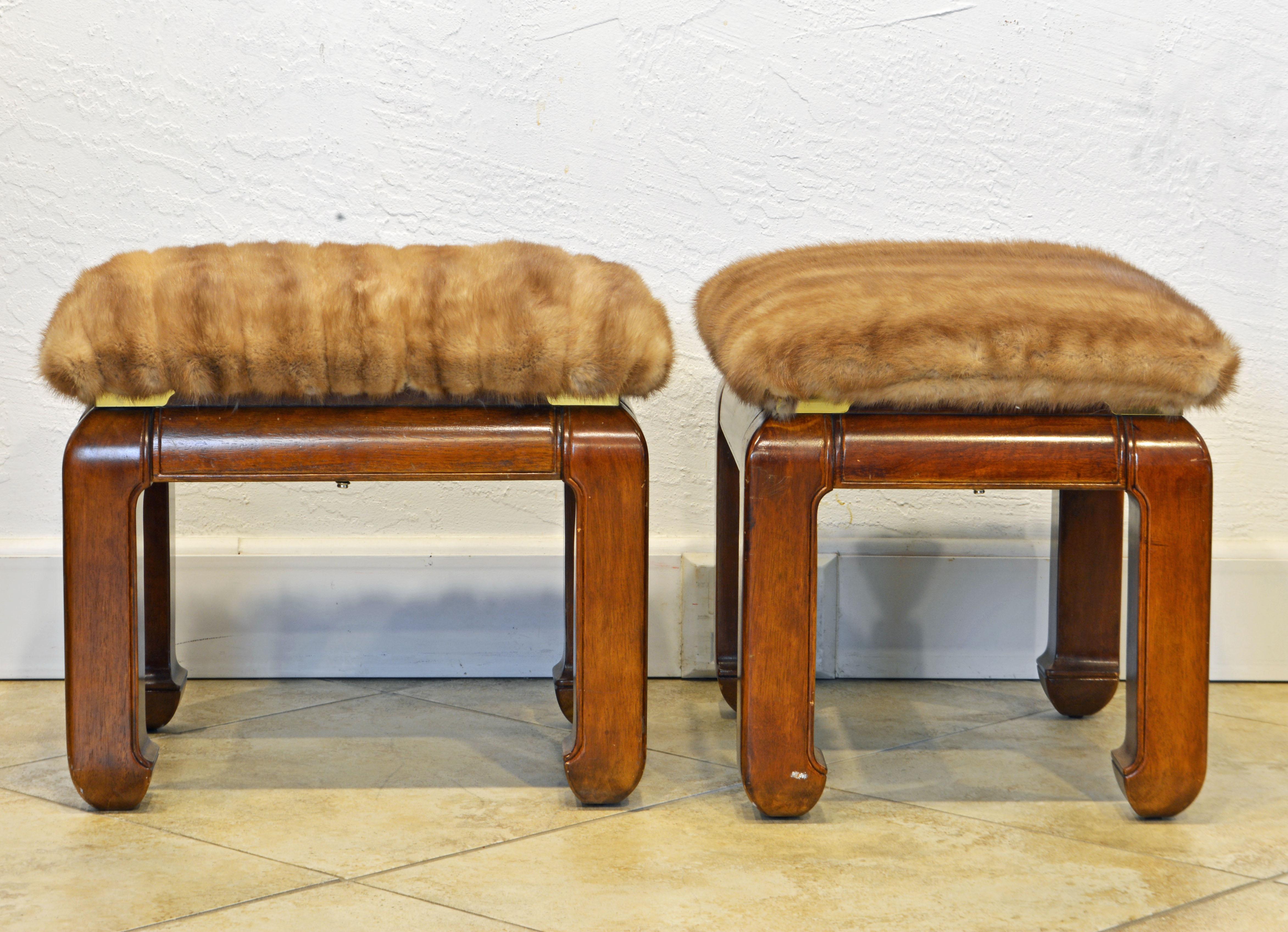 Chinoiserie Pair of Ming Style Carved Benches with Upholstered Seats and Mink Fur