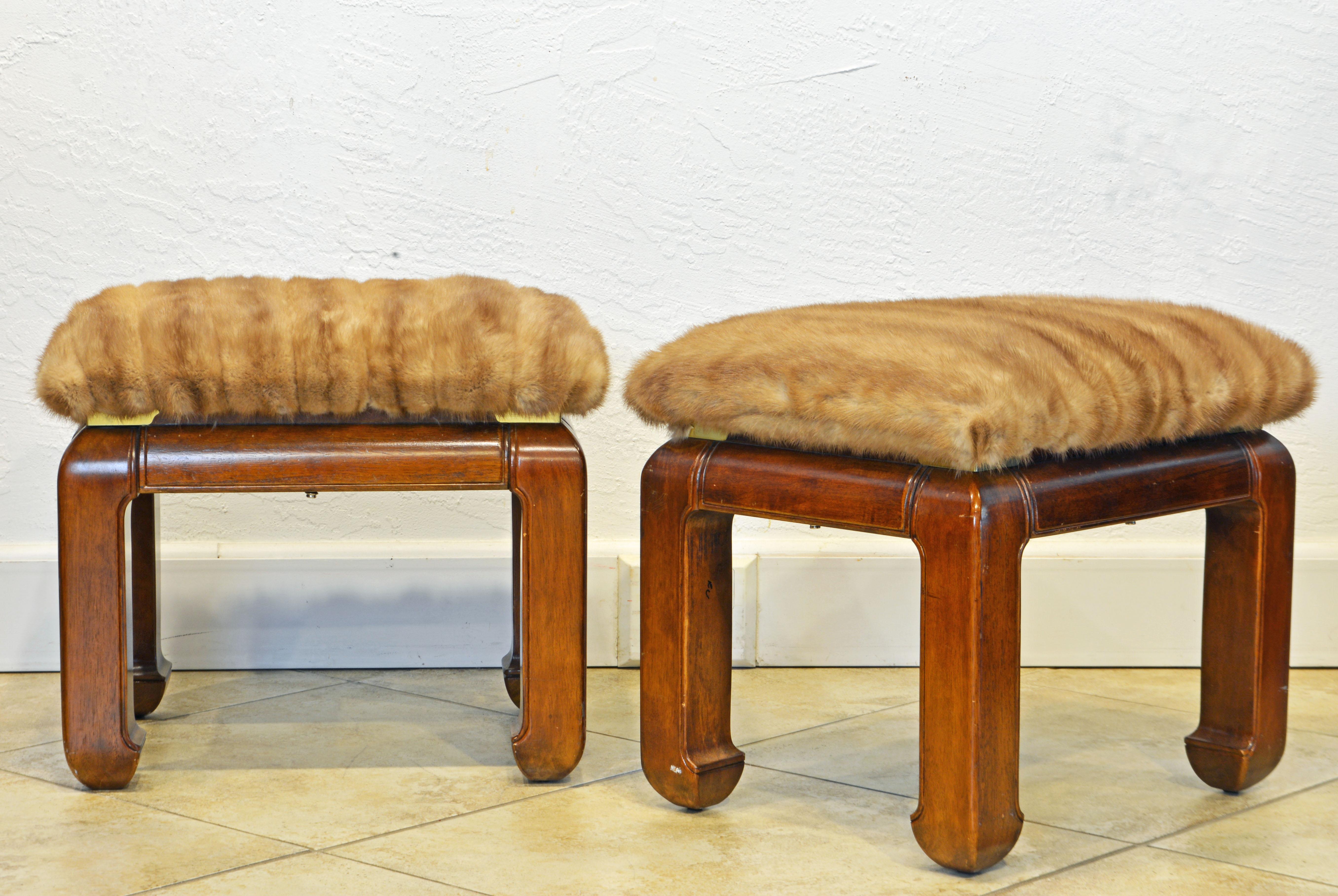 Taiwanese Pair of Ming Style Carved Benches with Upholstered Seats and Mink Fur