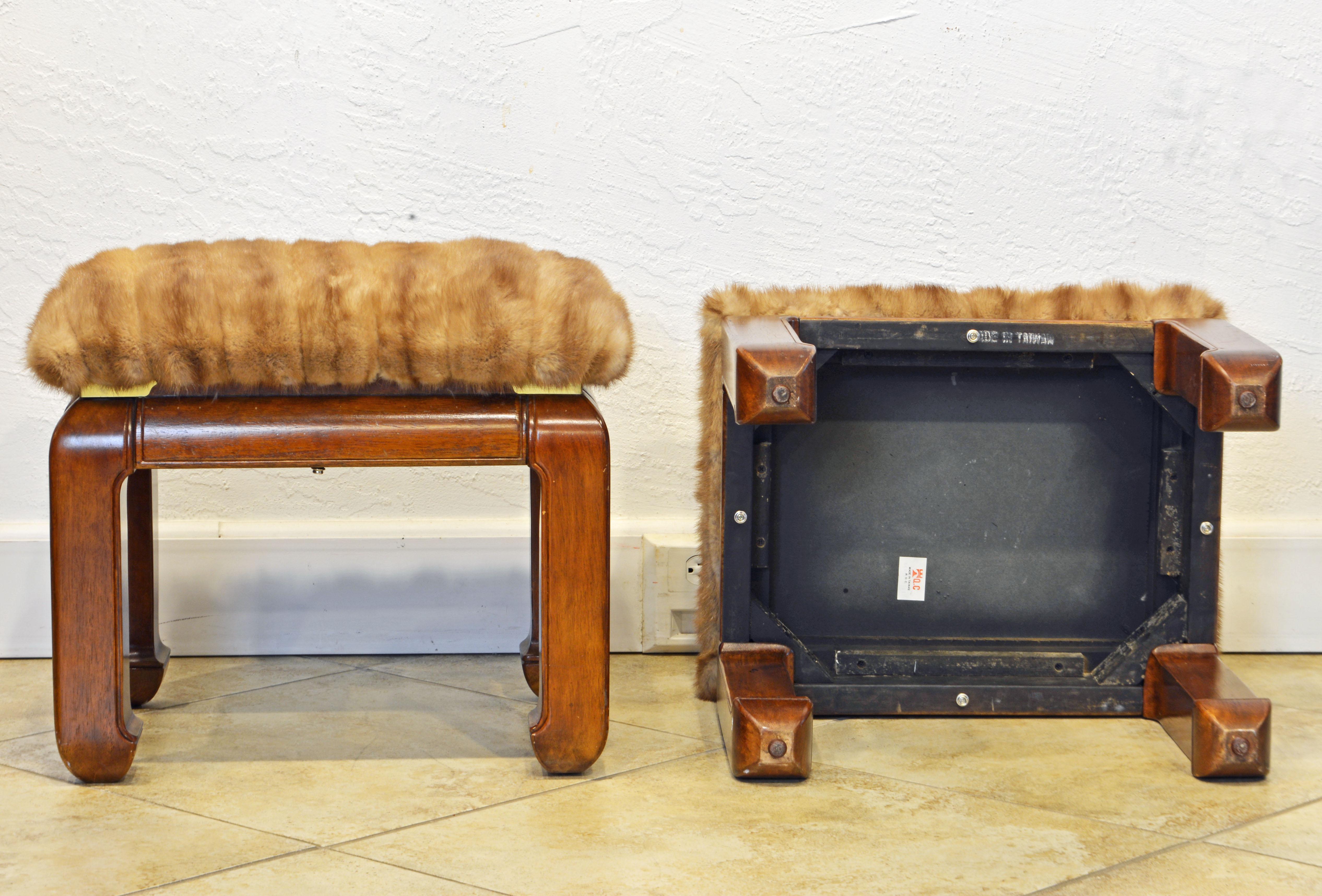 Pair of Ming Style Carved Benches with Upholstered Seats and Mink Fur In Good Condition In Ft. Lauderdale, FL
