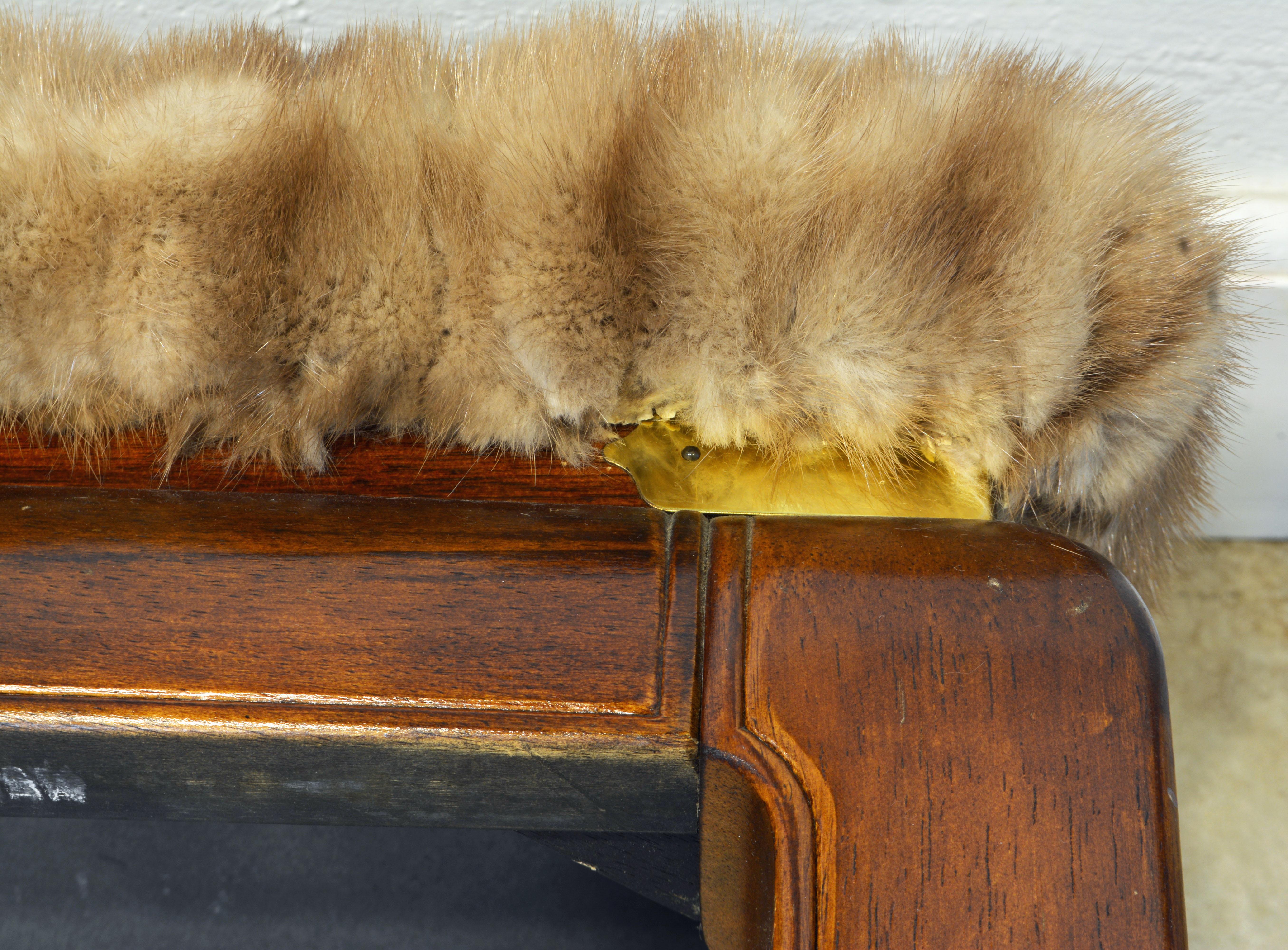 20th Century Pair of Ming Style Carved Benches with Upholstered Seats and Mink Fur