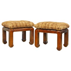 Pair of Ming Style Carved Benches with Upholstered Seats and Mink Fur