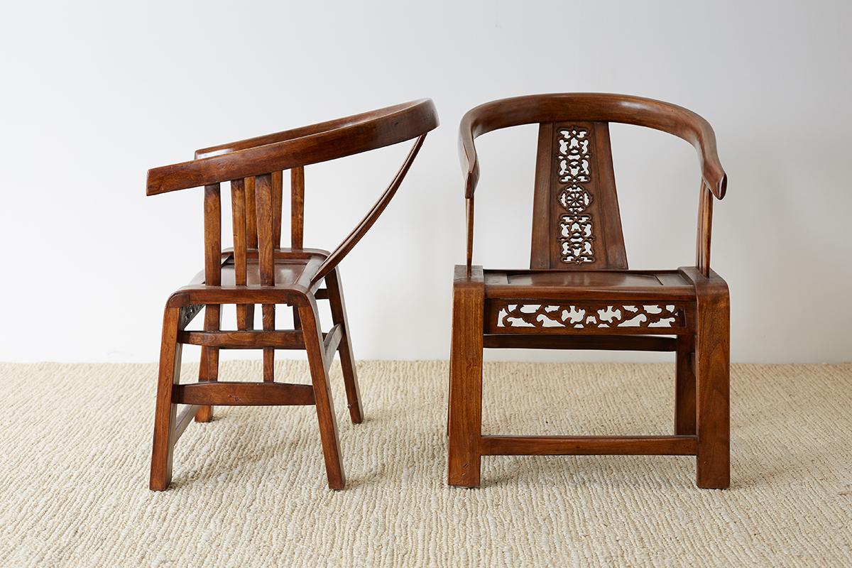 Pair of Chinese Ming Style Elm Horseshoe Chairs 5
