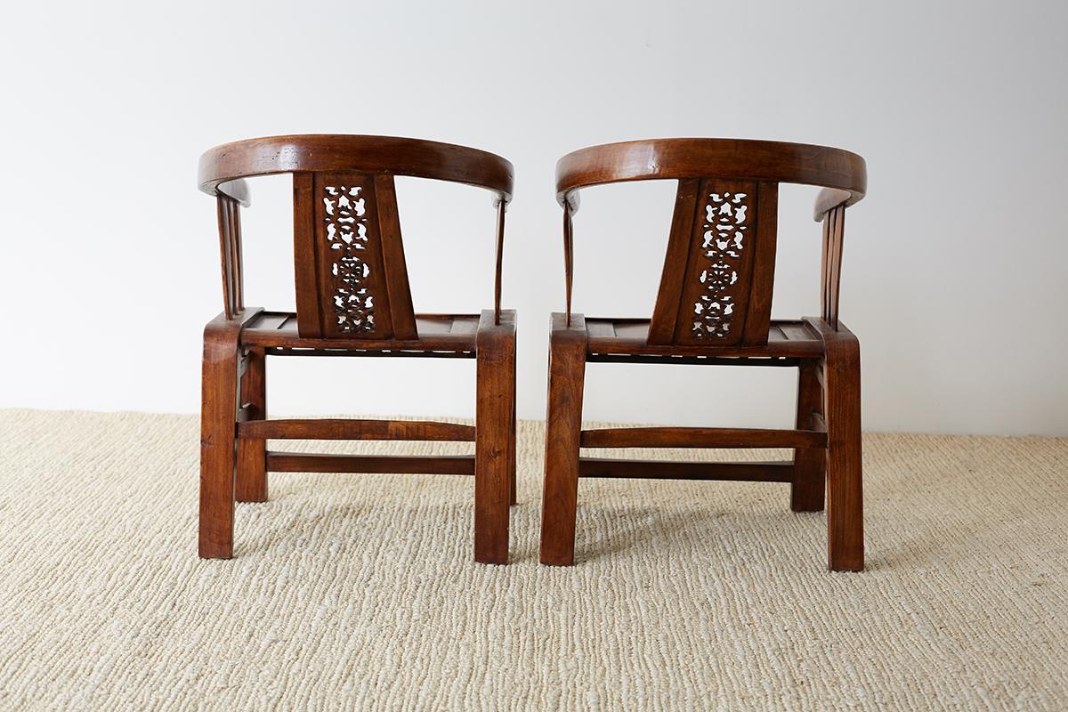 Pair of Chinese Ming Style Elm Horseshoe Chairs 13