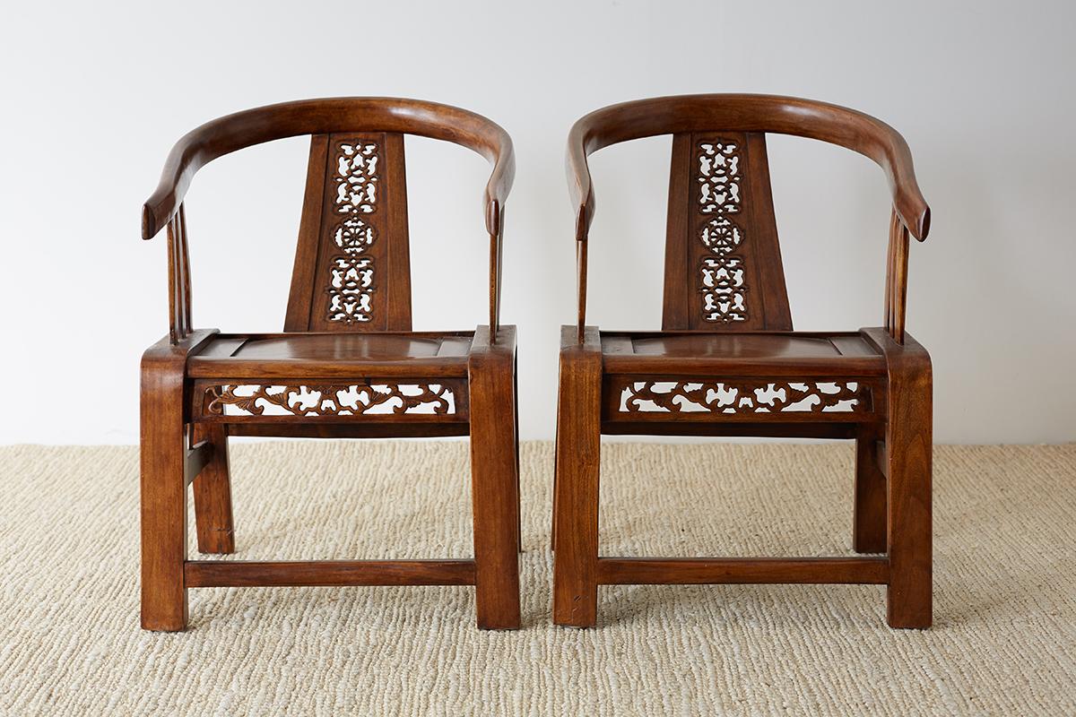 Hand-Crafted Pair of Chinese Ming Style Elm Horseshoe Chairs