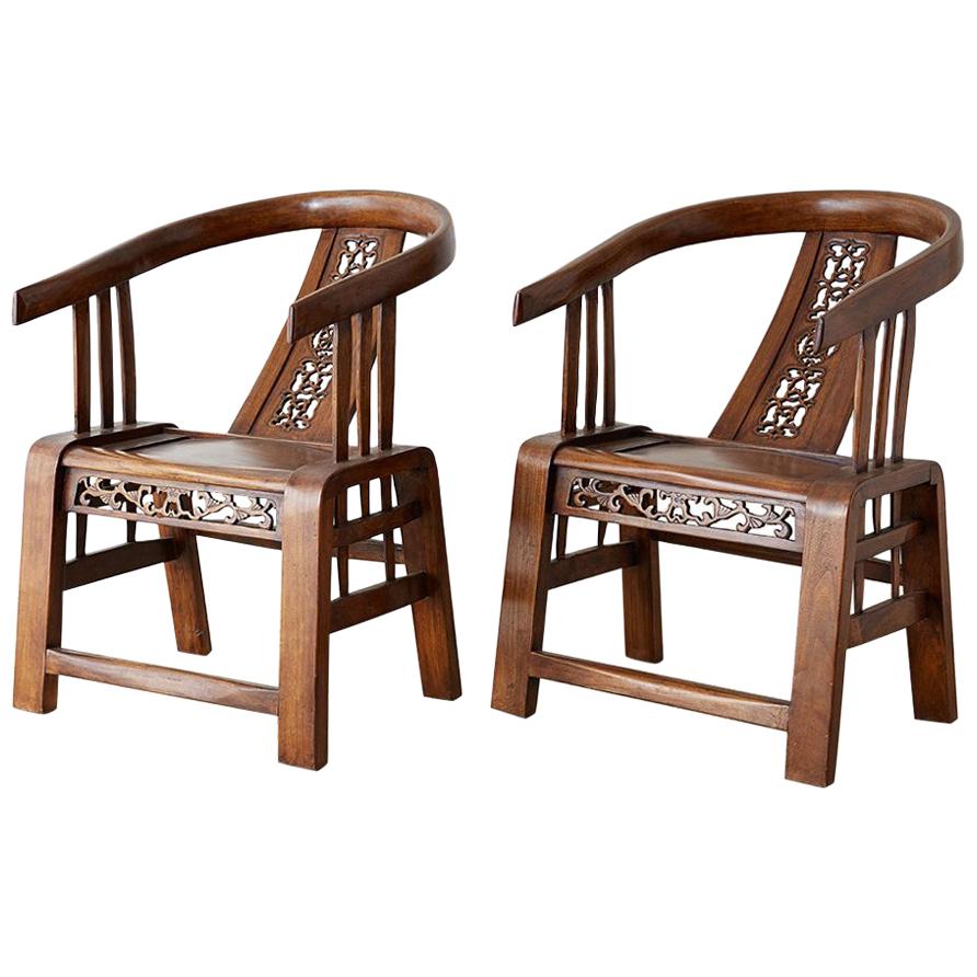 Pair of Chinese Ming Style Elm Horseshoe Chairs