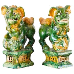 Vintage Pair of Ming Style Glazed Foo Dogs on Stands