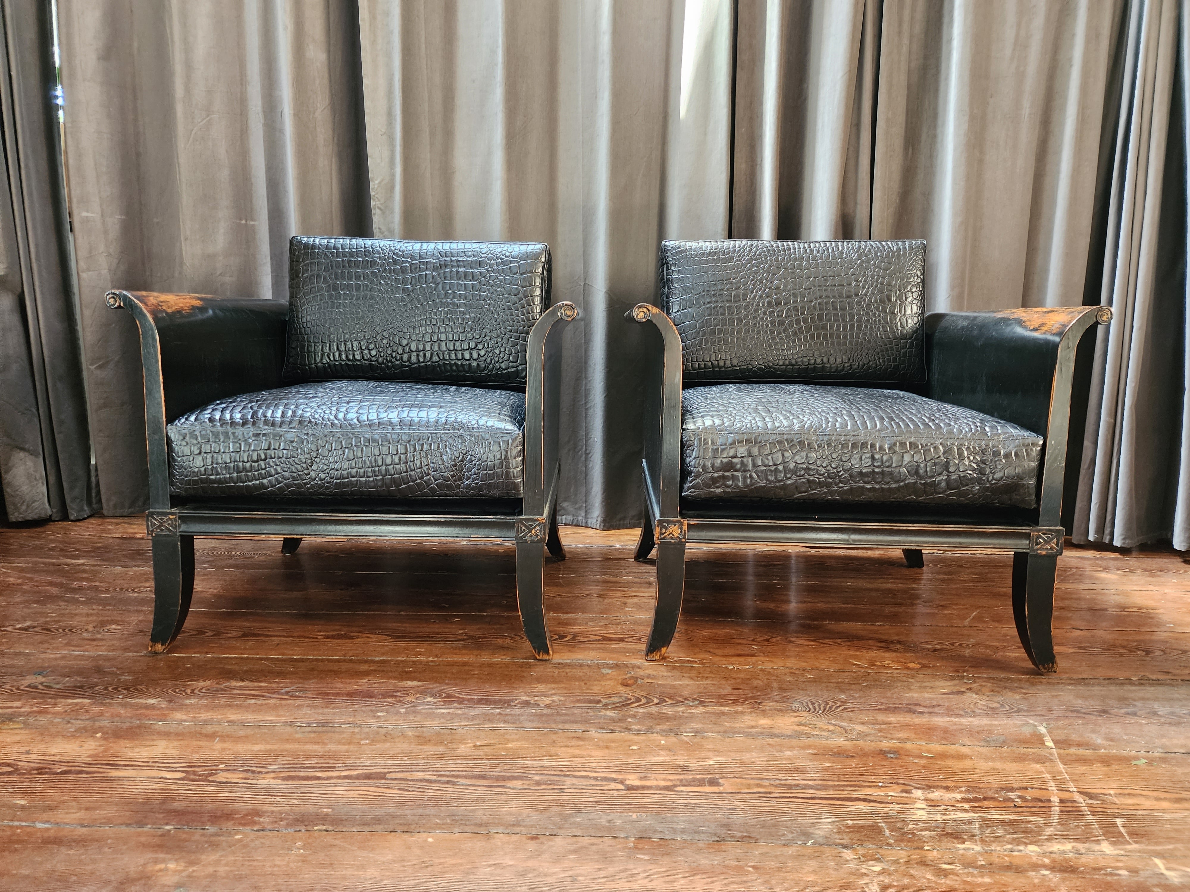 Unknown Pair Of Ming Style Leather Lounge Chairs For Sale
