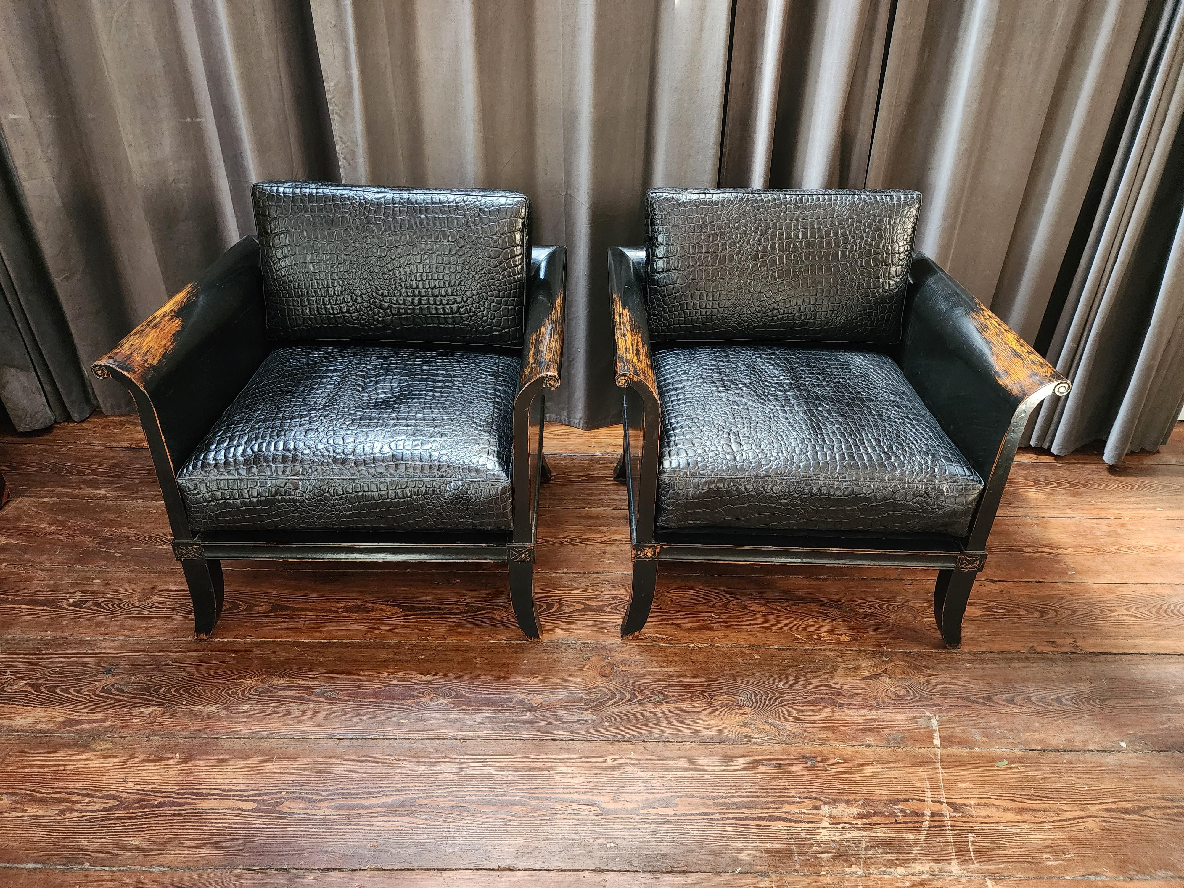 Pair Of Ming Style Leather Lounge Chairs For Sale 9