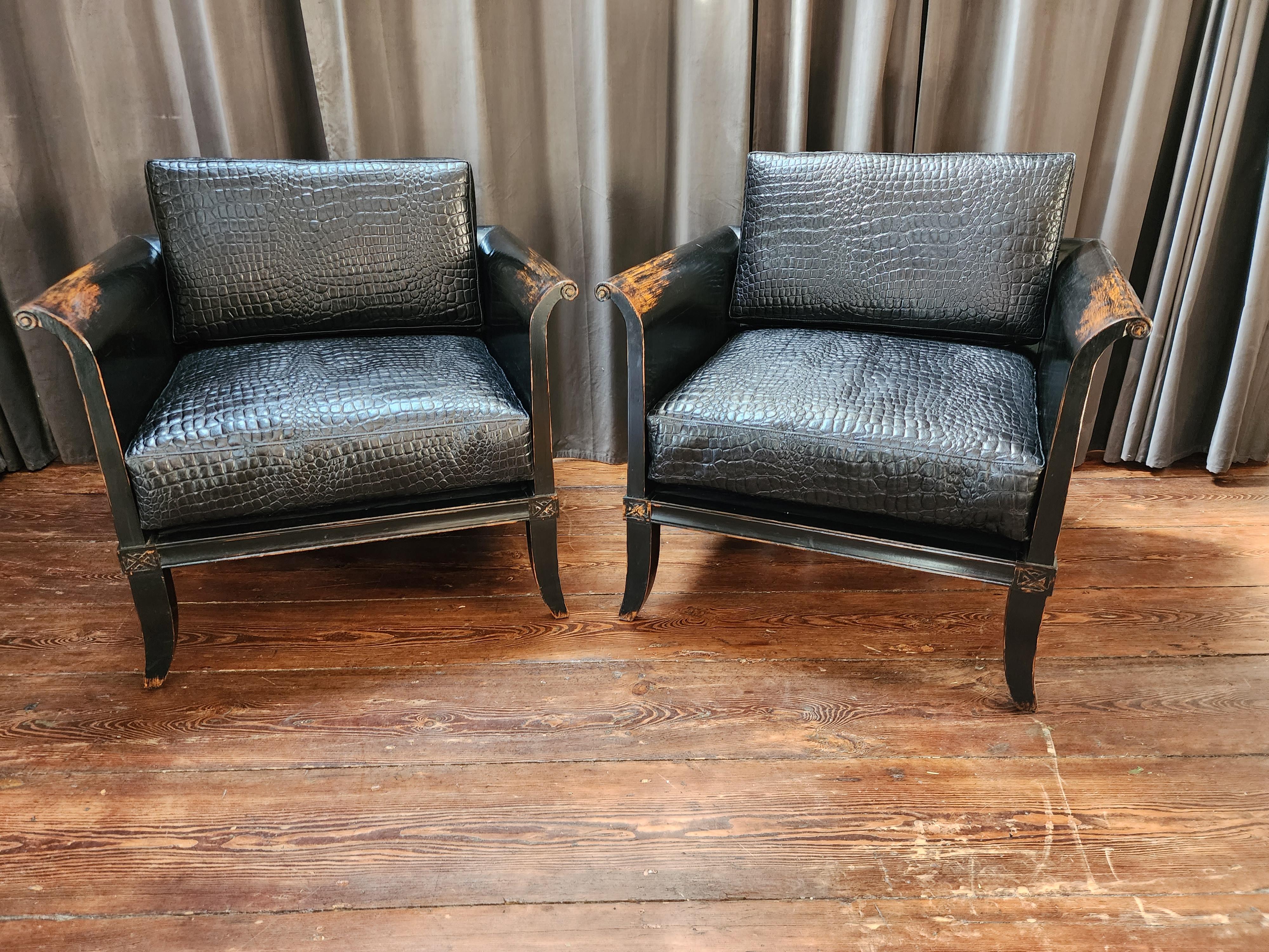 Pair Of Ming Style Leather Lounge Chairs In Good Condition For Sale In Hudson, NY