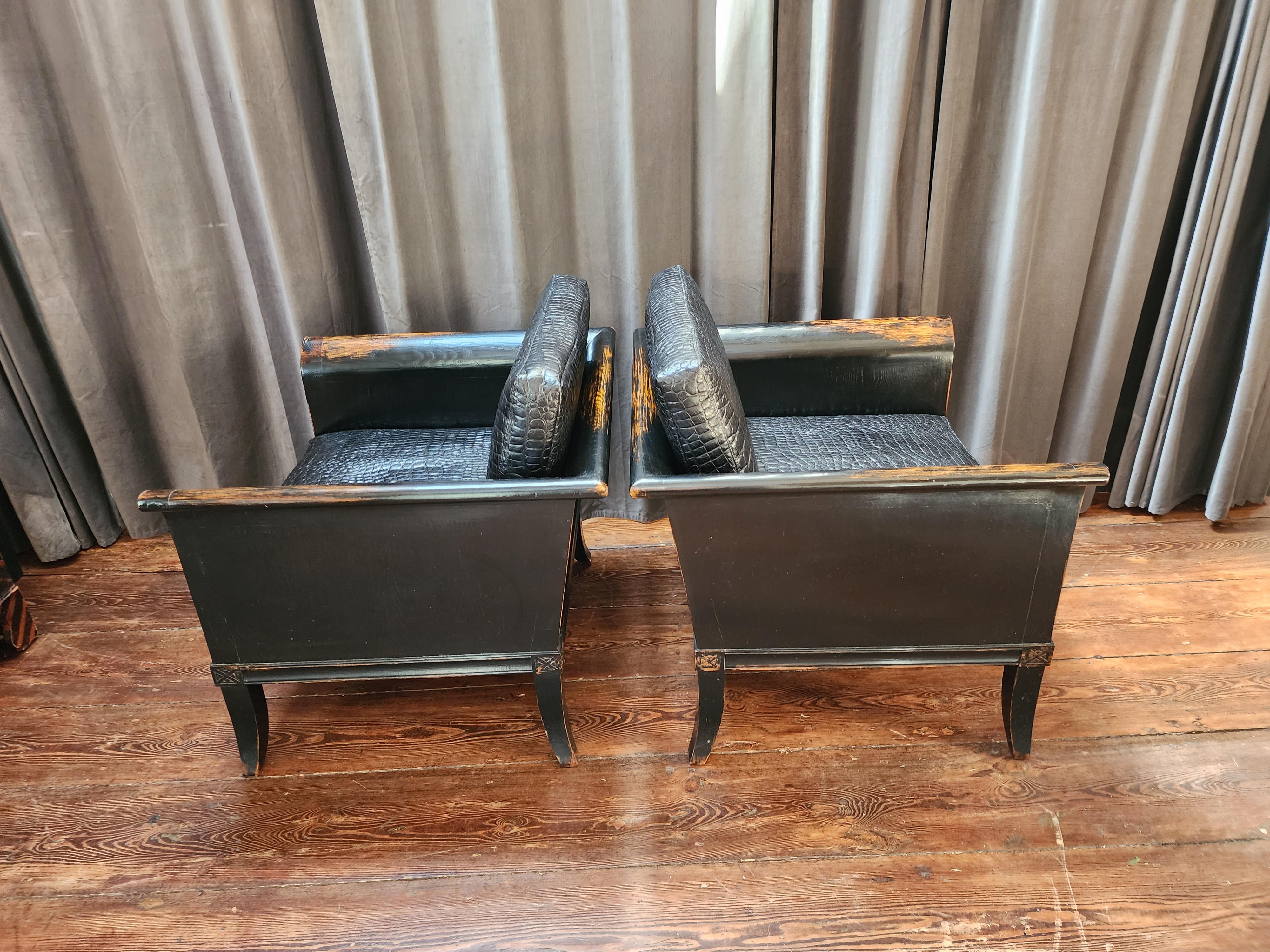 Wood Pair Of Ming Style Leather Lounge Chairs For Sale