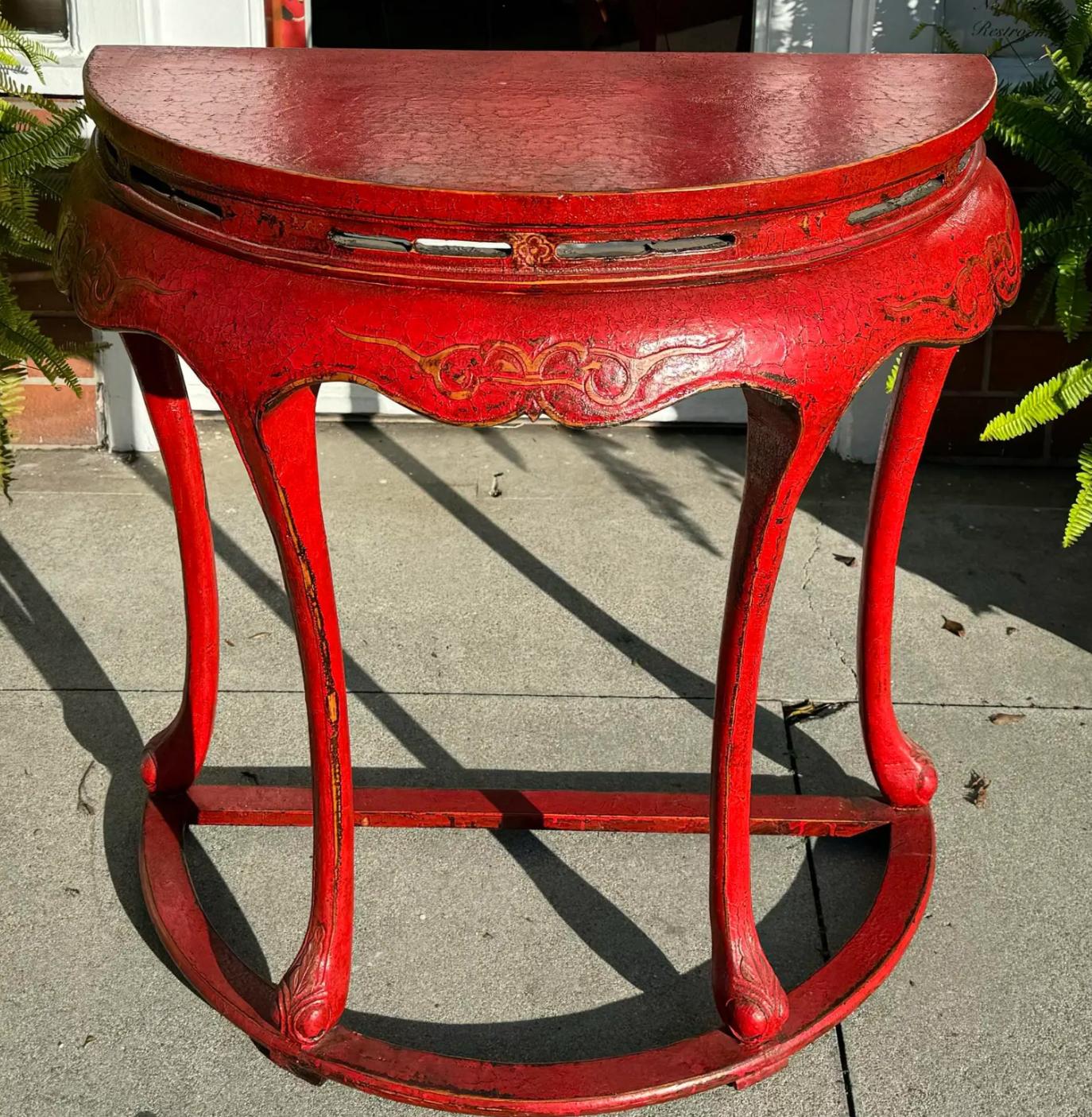 Chinese Pair of Ming Style Red Chinoiserie Console Tables or Center Table For Sale