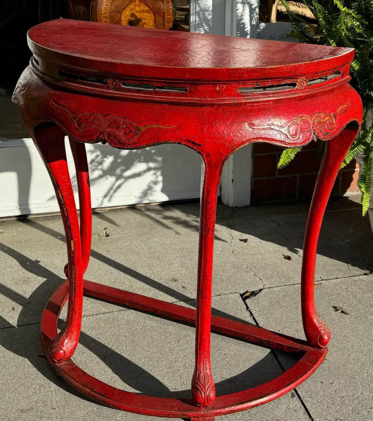 Pair of Ming Style Red Chinoiserie Console Tables or Center Table In Good Condition For Sale In LOS ANGELES, CA
