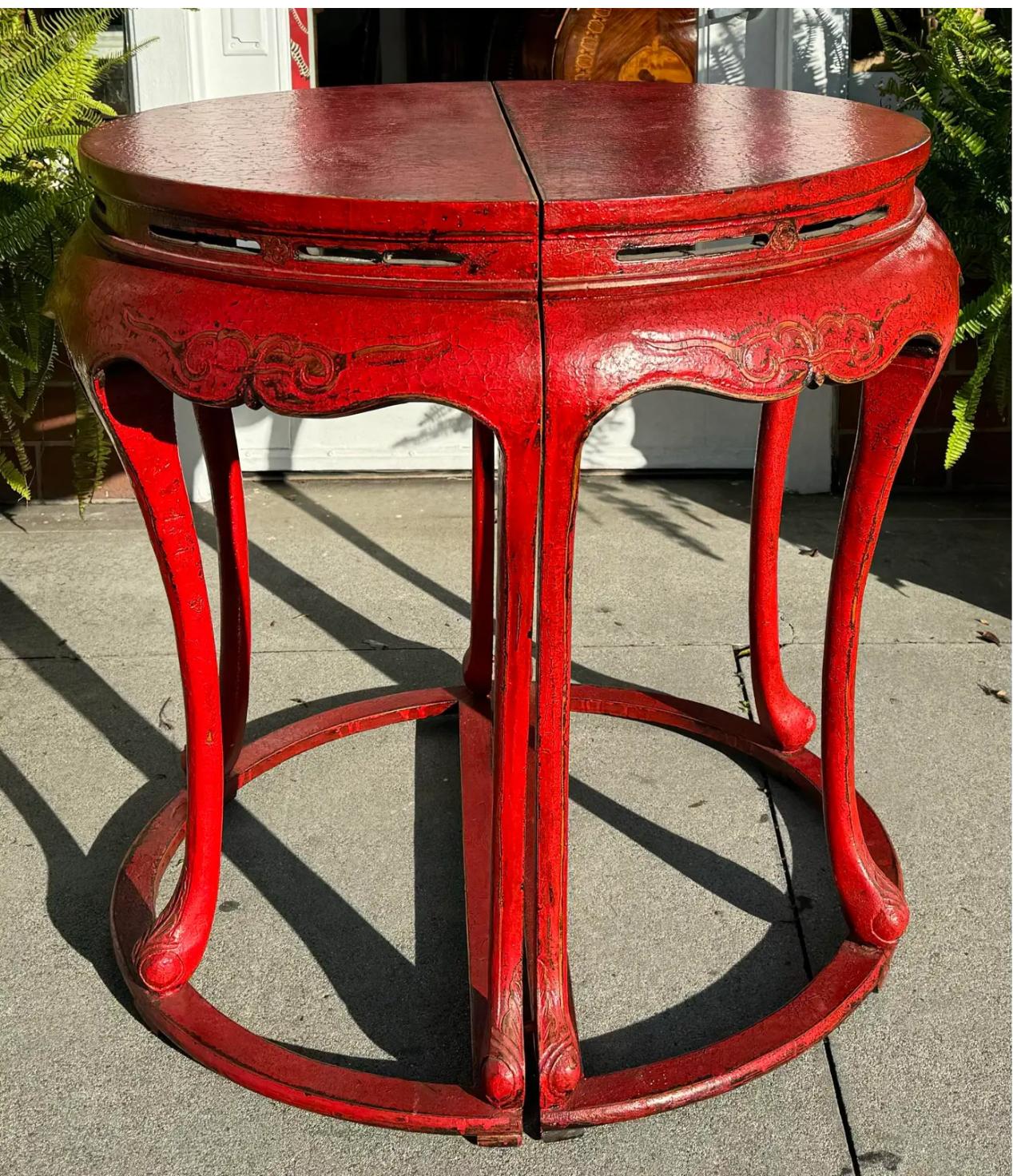 Late 20th Century Pair of Ming Style Red Chinoiserie Console Tables or Center Table For Sale