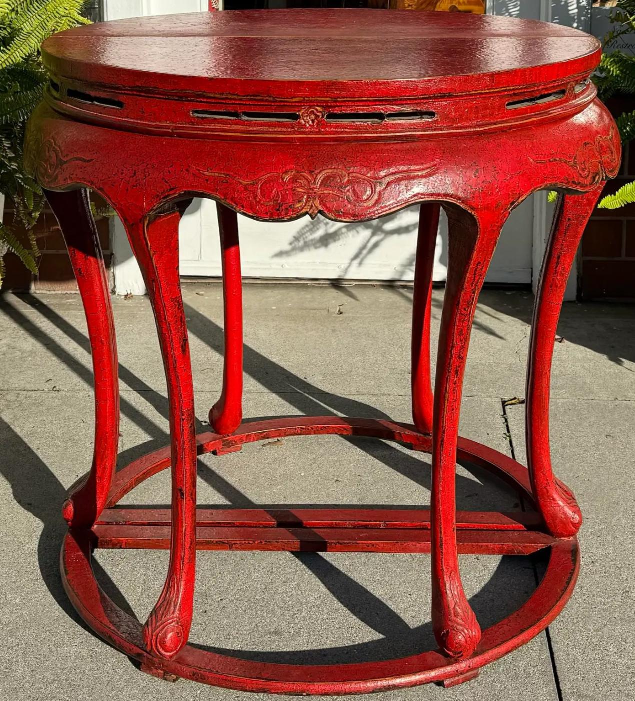 Wood Pair of Ming Style Red Chinoiserie Console Tables or Center Table For Sale