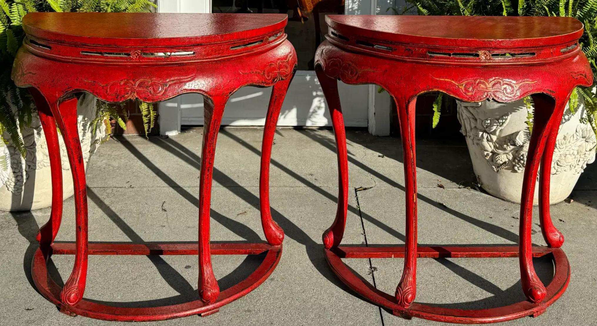 Pair of Ming Style Red Chinoiserie Console Tables or Center Table For Sale 1