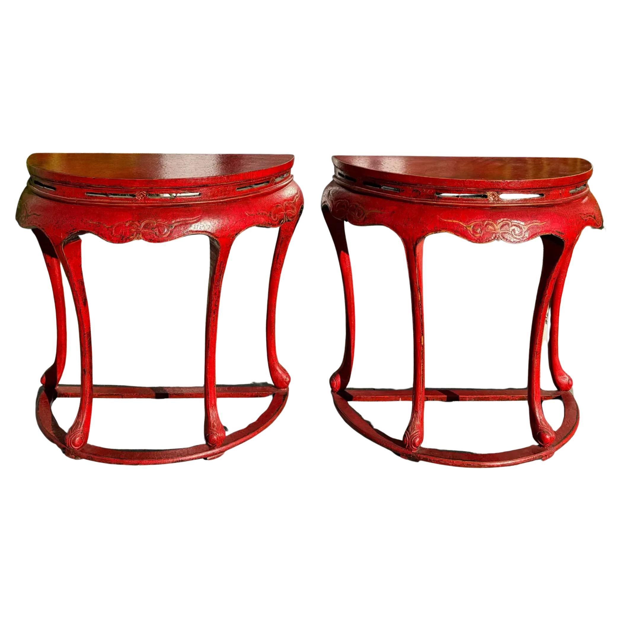 Pair of Ming Style Red Chinoiserie Console Tables or Center Table For Sale