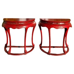 Retro Pair of Ming Style Red Chinoiserie Console Tables or Center Table