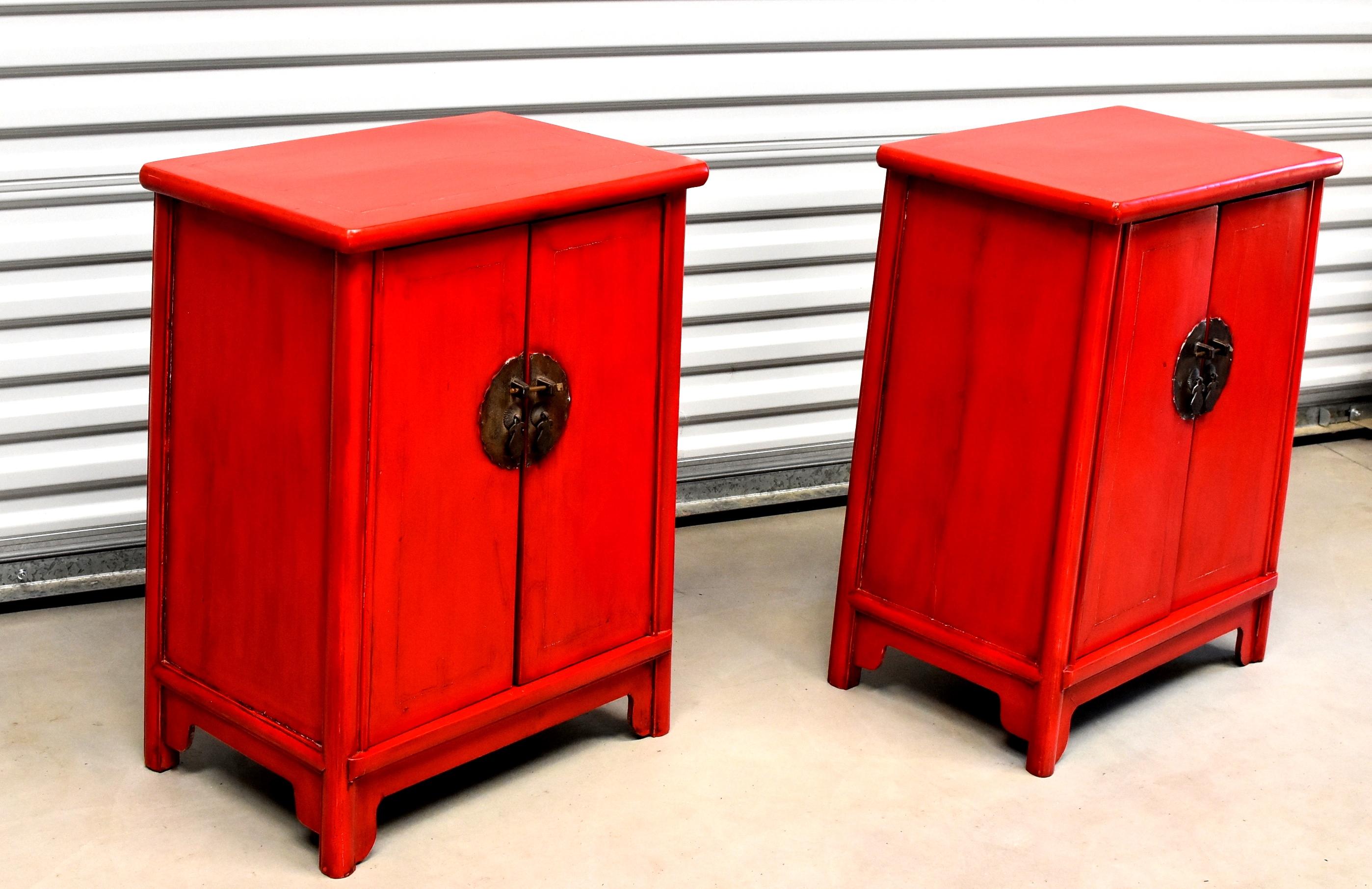 Joinery Pair of Ming Style Red Lacquered Chinese Chests