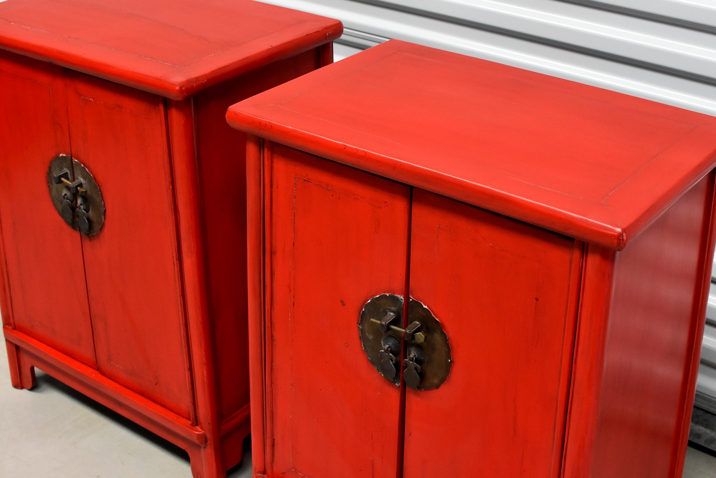 Pair of Ming Style Red Lacquered Chinese Chests In Good Condition In Somis, CA