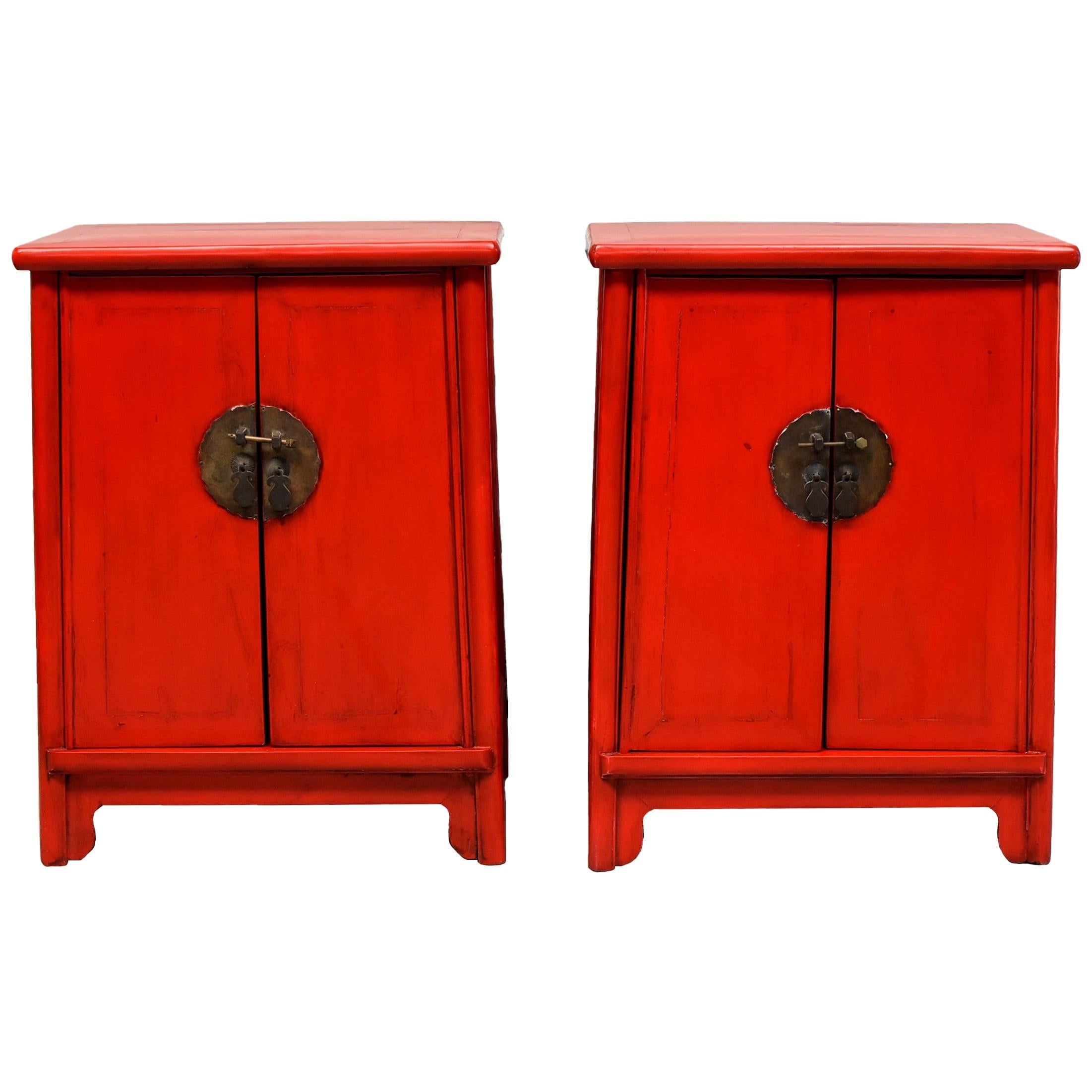 Pair of Ming Style Red Lacquered Chinese Chests