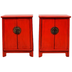 Vintage Pair of Ming Style Red Lacquered Chinese Chests