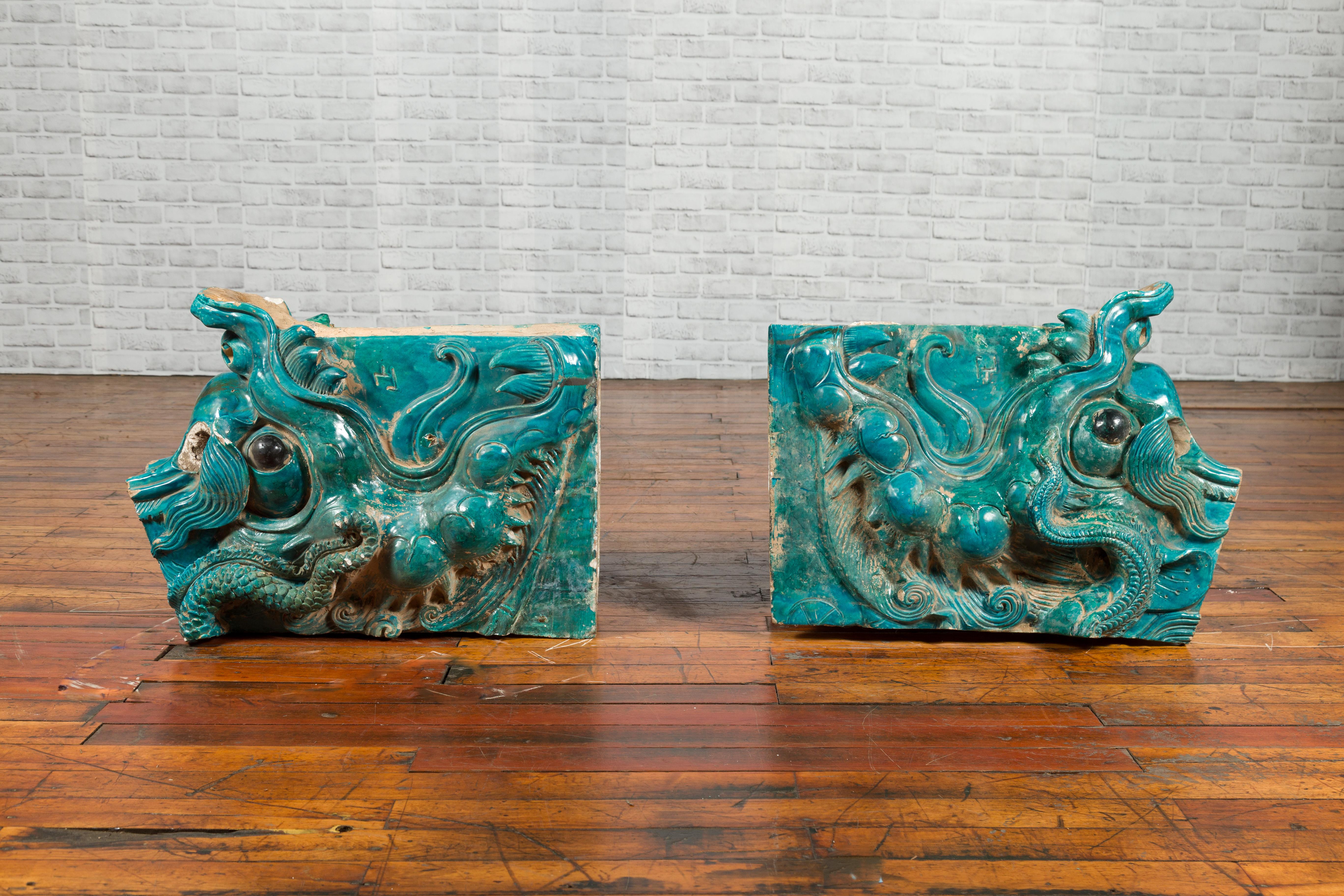 Pair of Ming Turquoise Glazed Temple Dragons from the 15th or 16th Century 4