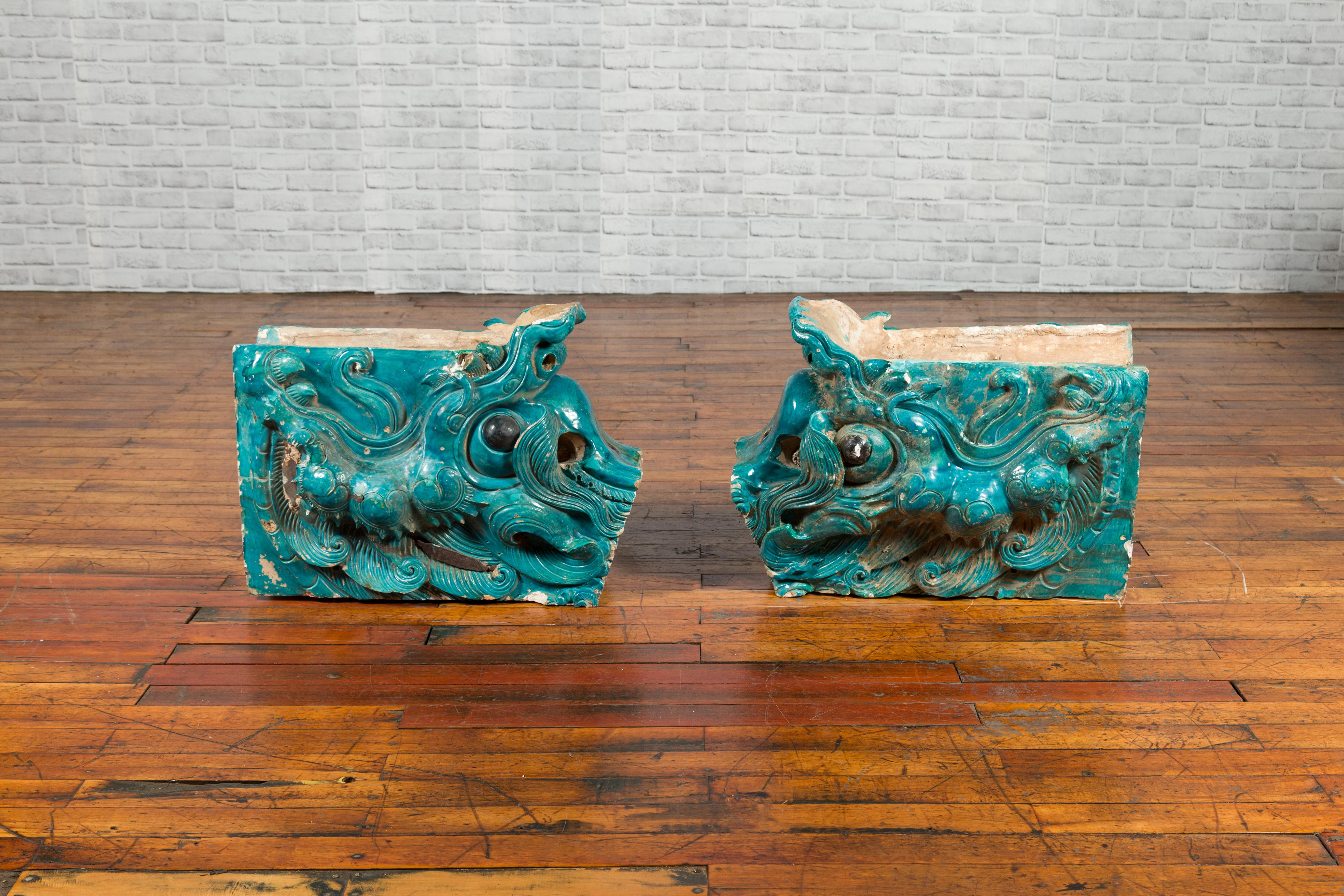 Chinese Pair of Ming Turquoise Glazed Temple Dragons from the 15th or 16th Century
