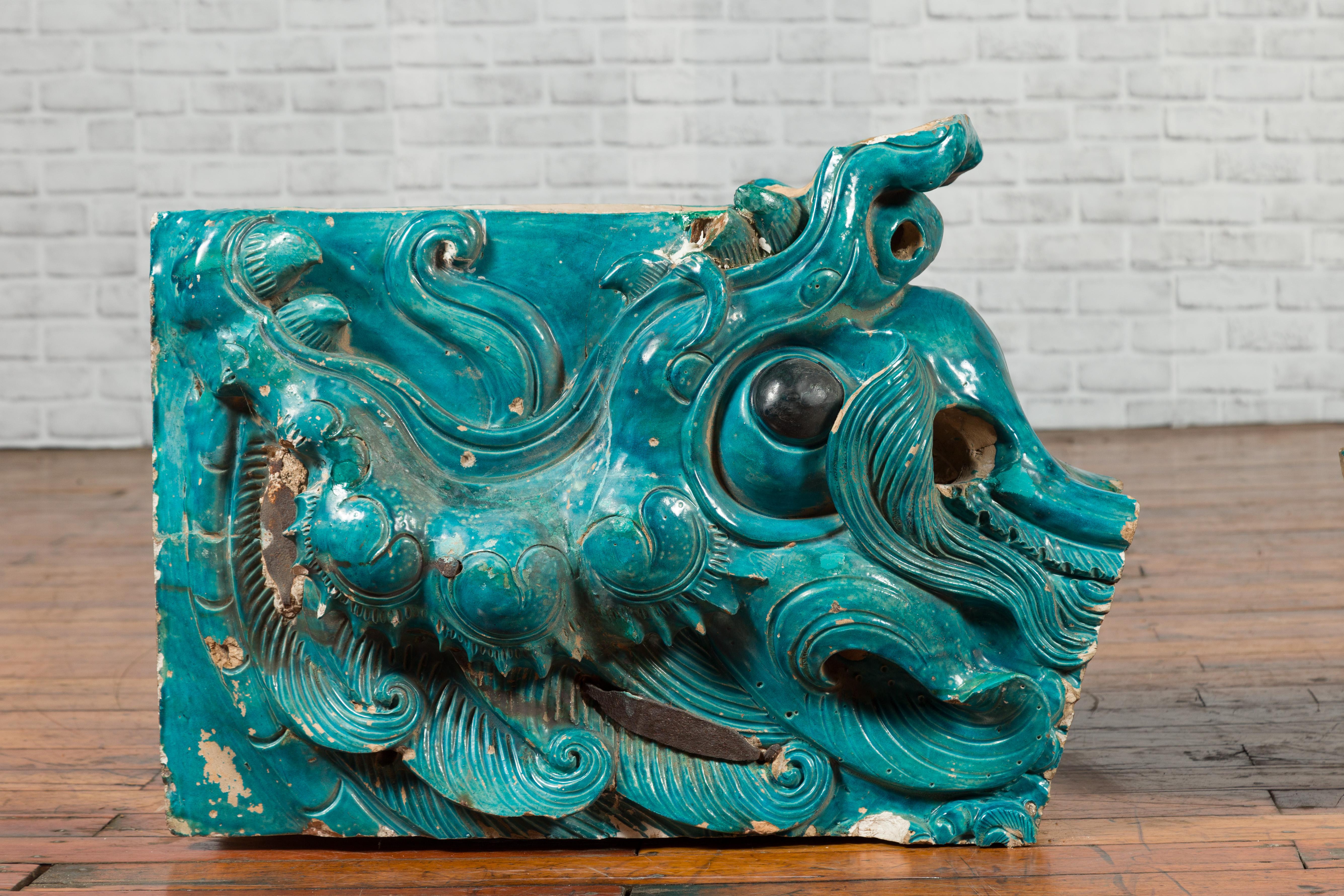 18th Century and Earlier Pair of Ming Turquoise Glazed Temple Dragons from the 15th or 16th Century