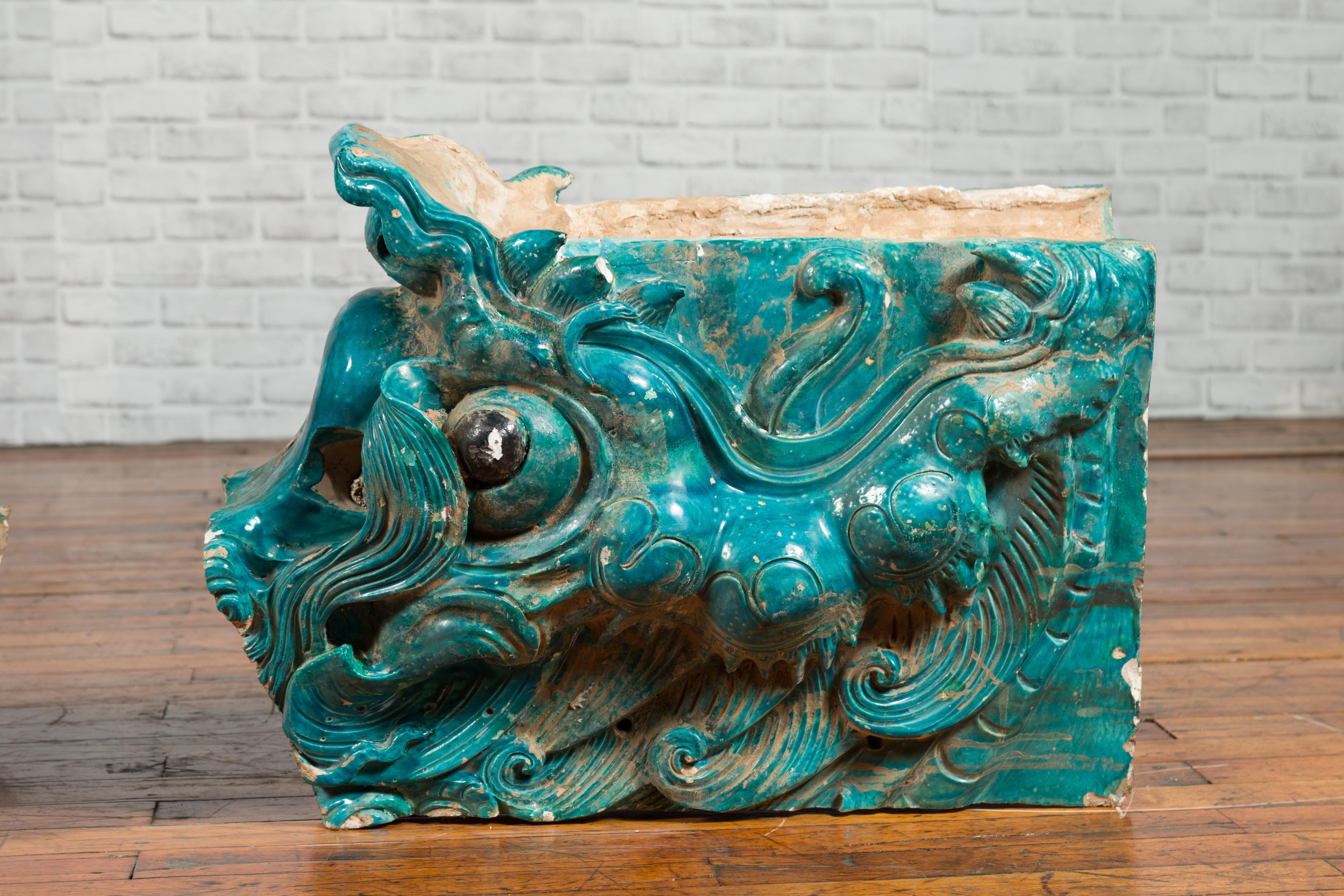 Ceramic Pair of Ming Turquoise Glazed Temple Dragons from the 15th or 16th Century