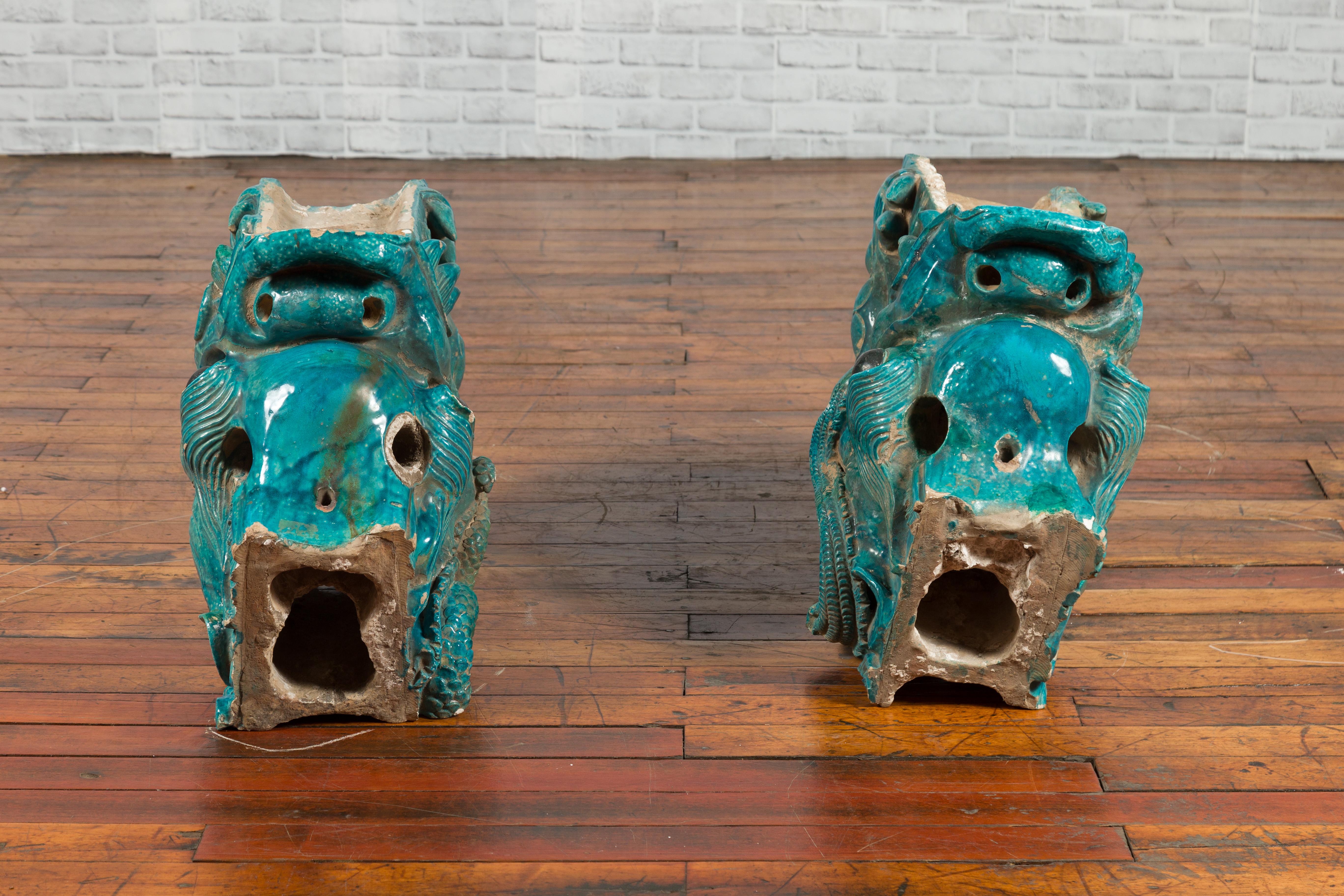 Pair of Ming Turquoise Glazed Temple Dragons from the 15th or 16th Century 3