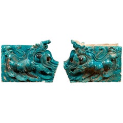 Pair of Ming Turquoise Glazed Temple Dragons from the 15th or 16th Century