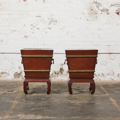 Pair of Ming Wooden Hibachi Table/Planter on Pedestal with Brass Hardware
