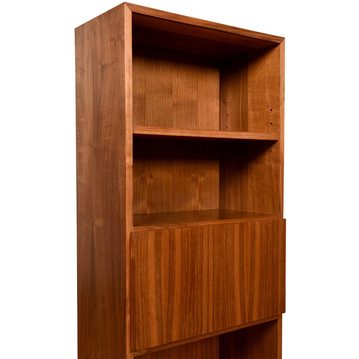 Pair of Mini Danish Walnut Bookcases with Closed Storage and Drop-Down Shelf In Good Condition For Sale In Kensington, MD