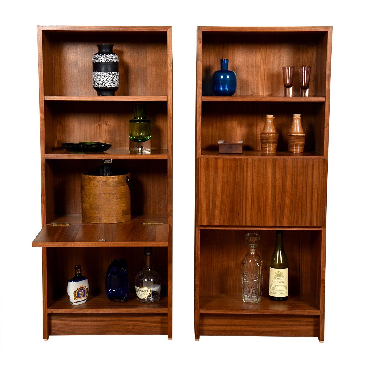 20th Century Pair of Mini Danish Walnut Bookcases with Closed Storage and Drop-Down Shelf For Sale