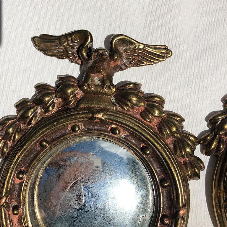 Pair Bull’s-Eye Eagle Convex Brass Mirrors Federal 1700s Civil War Era In Good Condition In Oklahoma City, OK