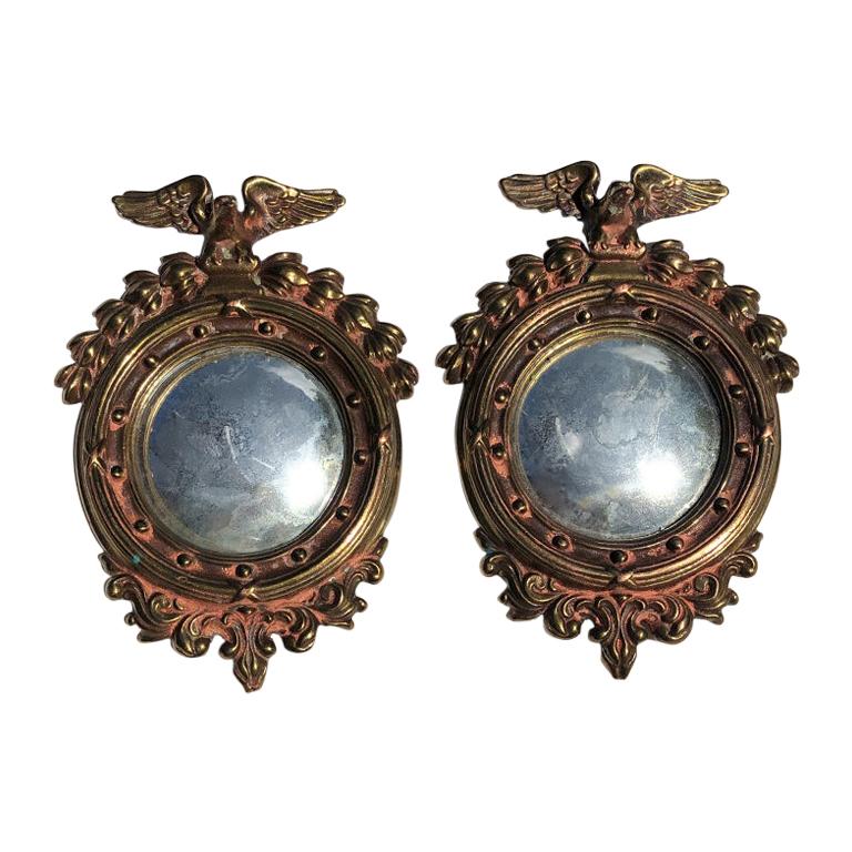 Pair Bull’s-Eye Eagle Convex Brass Mirrors Federal 1700s Civil War Era