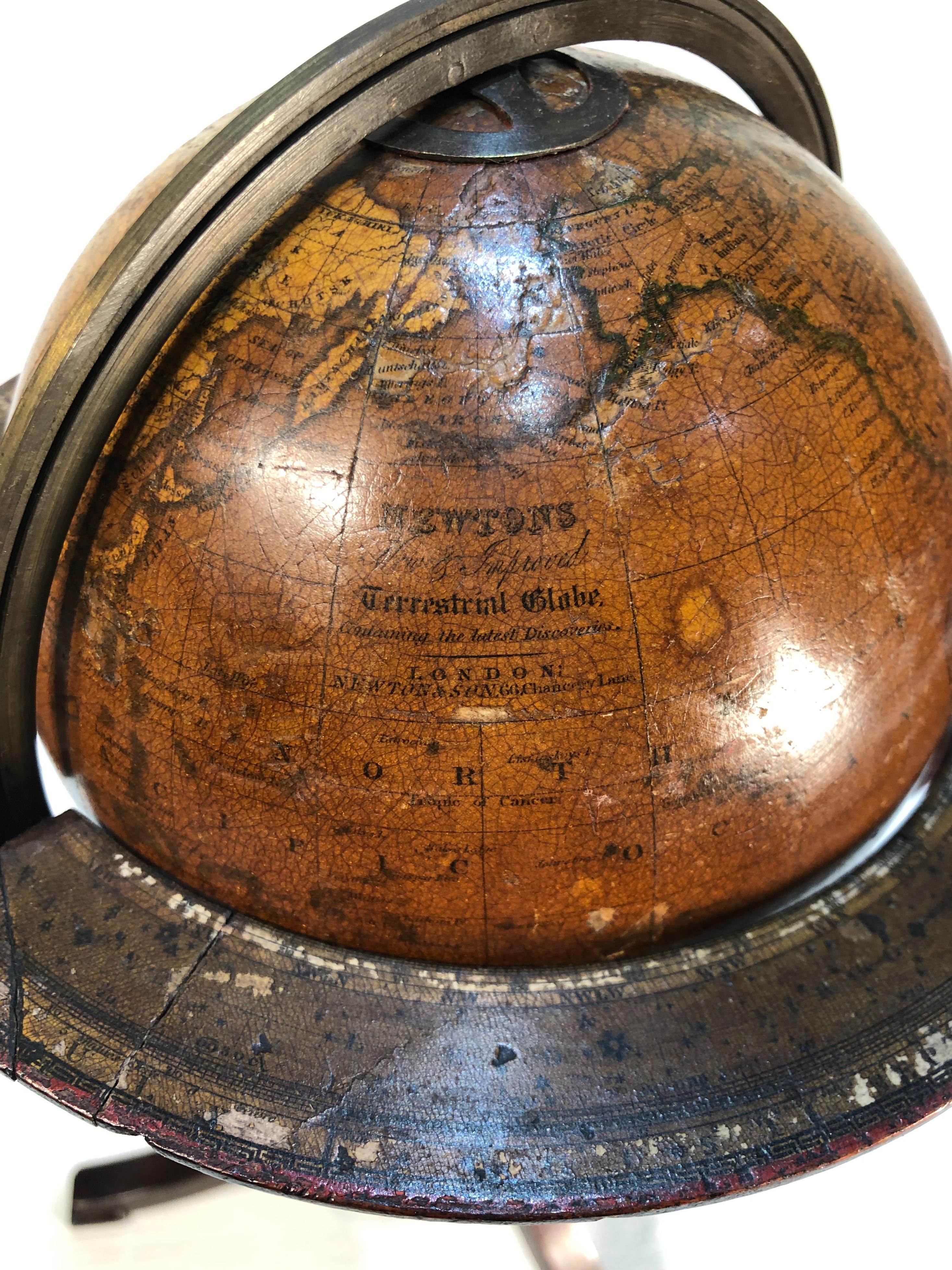 Carved Pair of Miniature 19th Century Globes, Terrestrial and Celestial