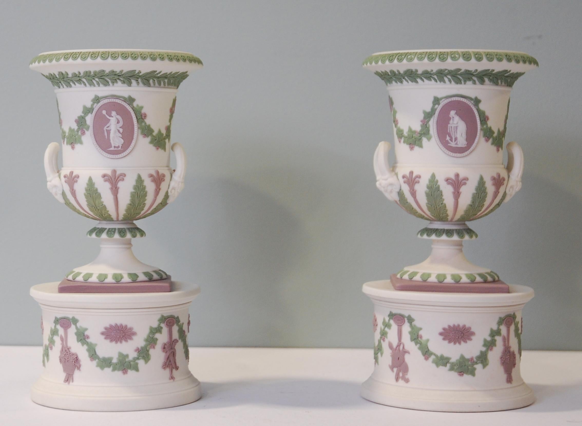 English Pair of miniature campana vases in trilcolor jasperware. Wedgwood C1890.