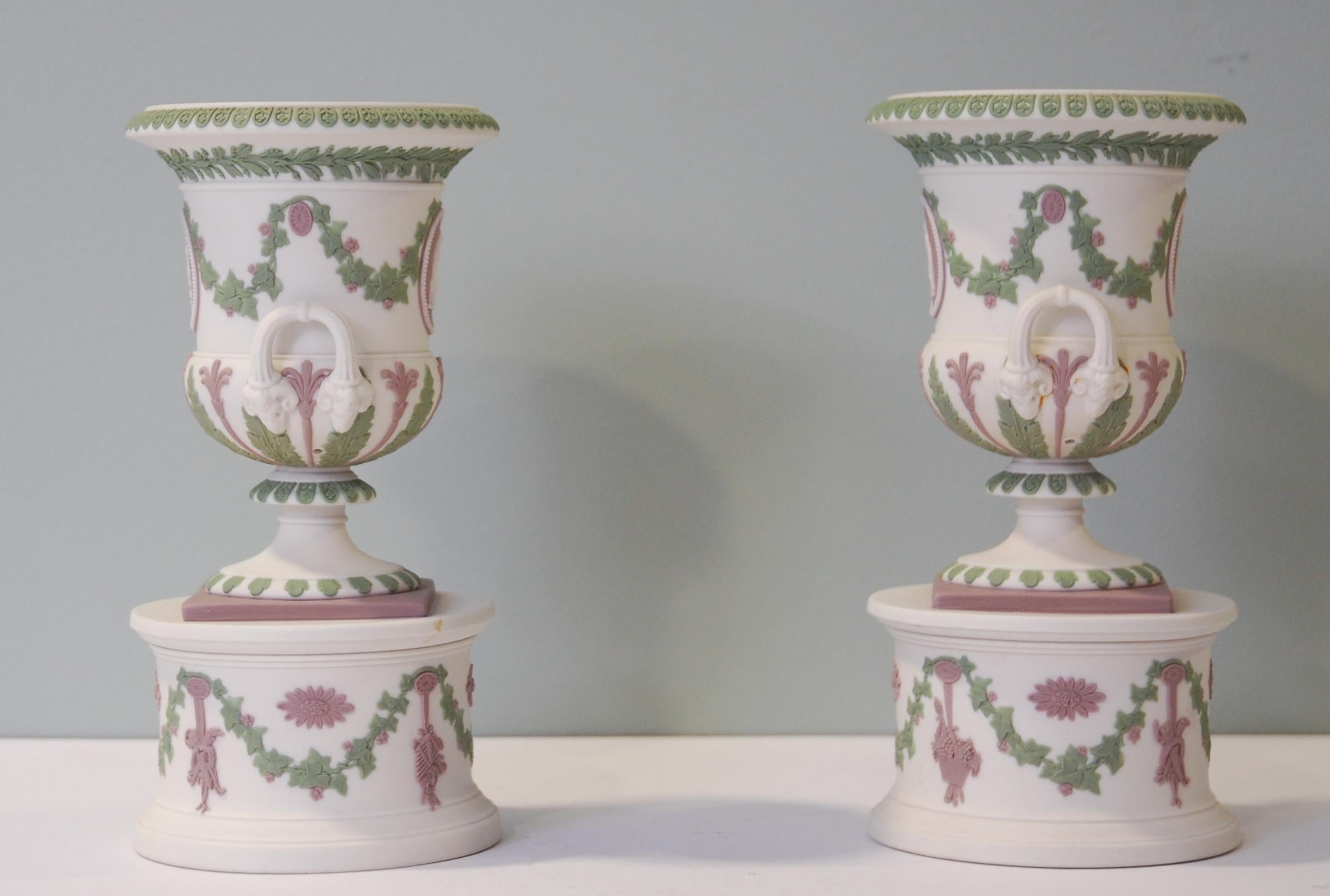Turned Pair of miniature campana vases in trilcolor jasperware. Wedgwood C1890.