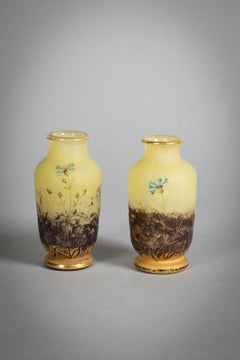 Pair of Miniature Daum Nancy Etched and Enamel Vases, circa 1910