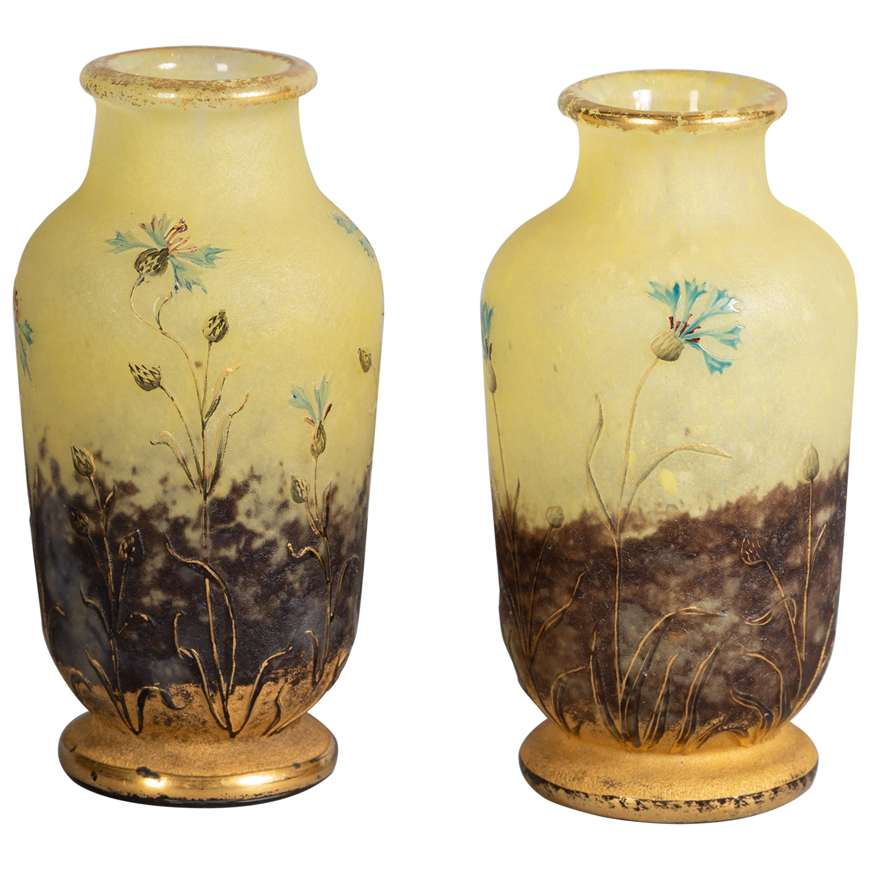 Pair of Miniature Daum Nancy Etched and Enamel Vases, circa 1910 For Sale