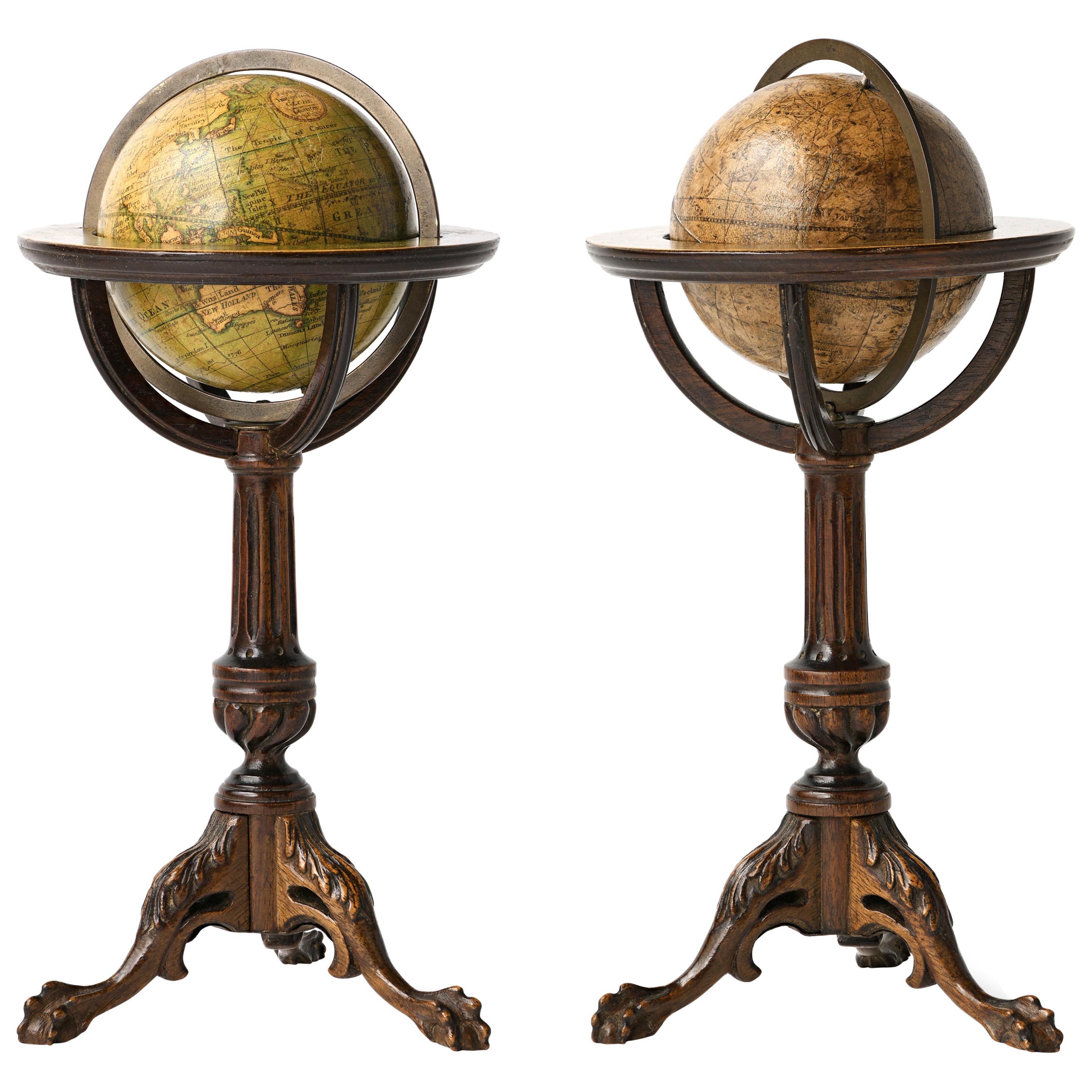 Paar Miniature Globes Lane's auf Dreibeinbasis, London nach 1833, vor 1858