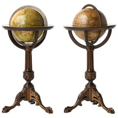 Antique Pair of Miniature Globes Lane’s on Tripod Bases, London post 1833, ante 1858