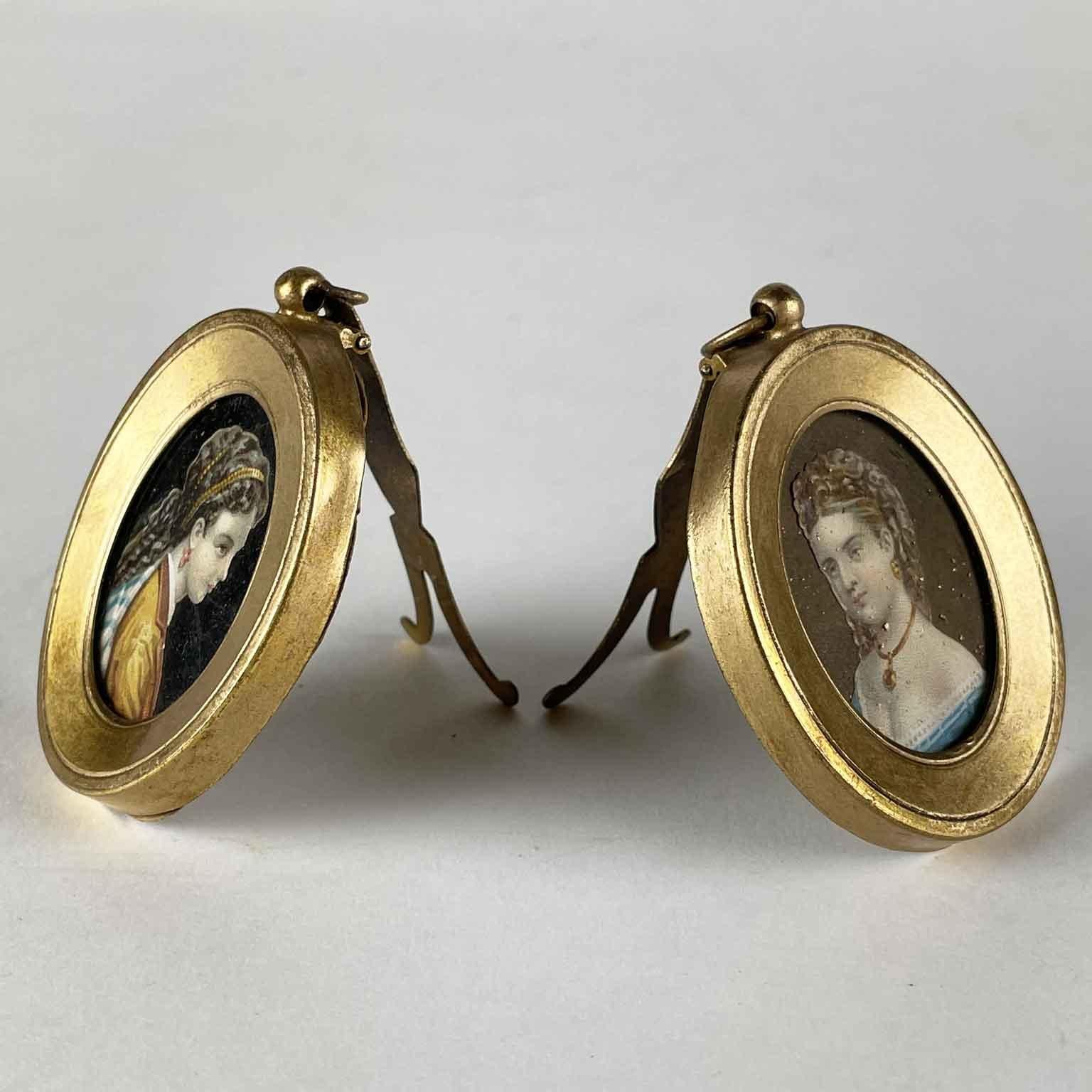 Hand-Painted Pair of Miniature Lady Portraits 19th Century French School For Sale