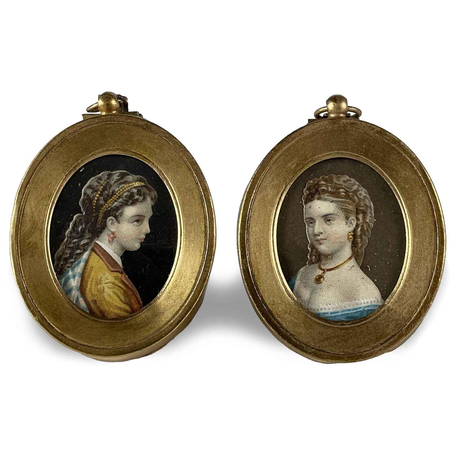 Miniatur-Damenporträts aus der französischen Schule des 19. Jahrhunderts, Paar (Messing) im Angebot