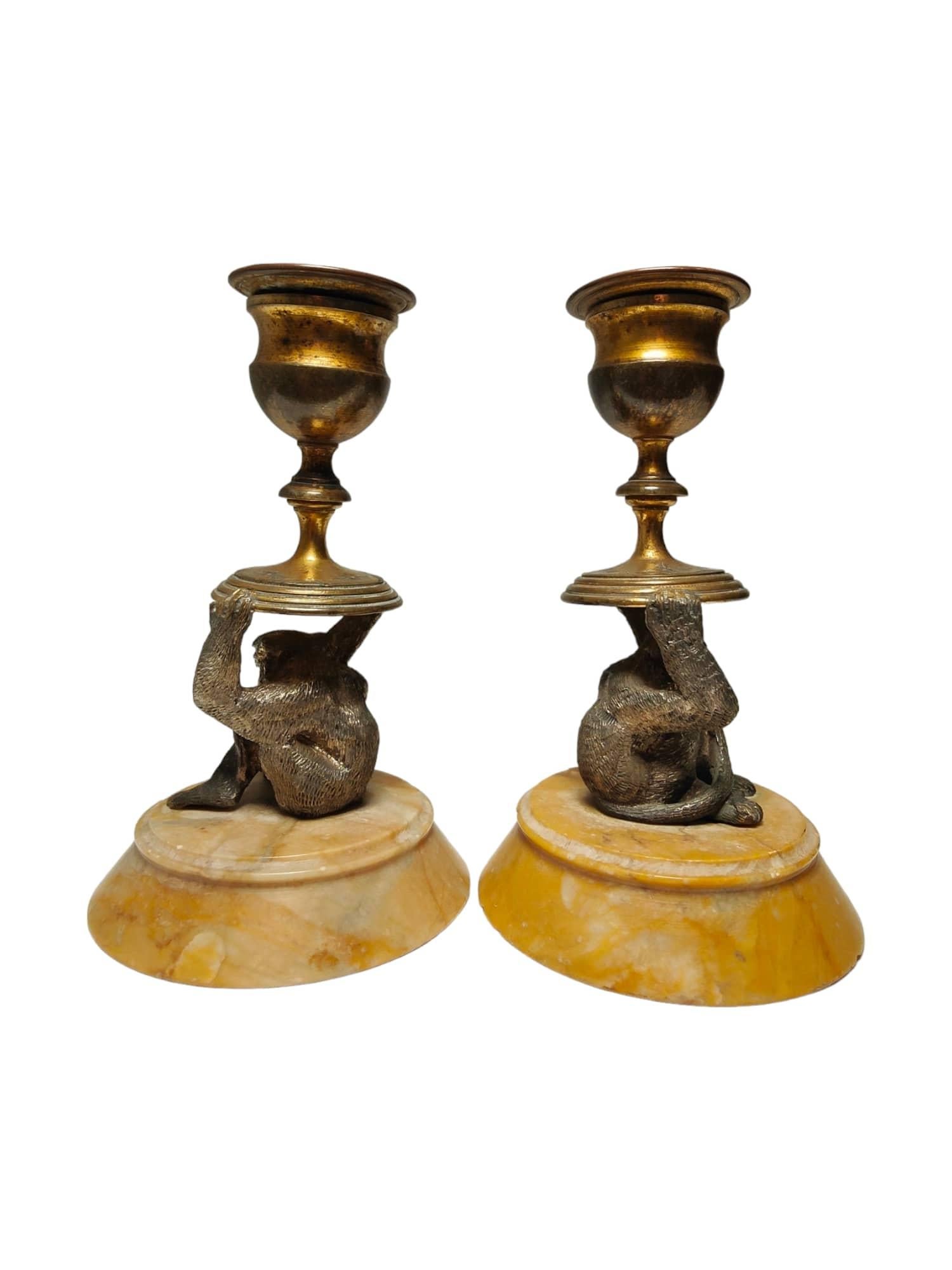 Late 19th Century Pair of Miniature Monkey Candlesticks from the 19th Century For Sale