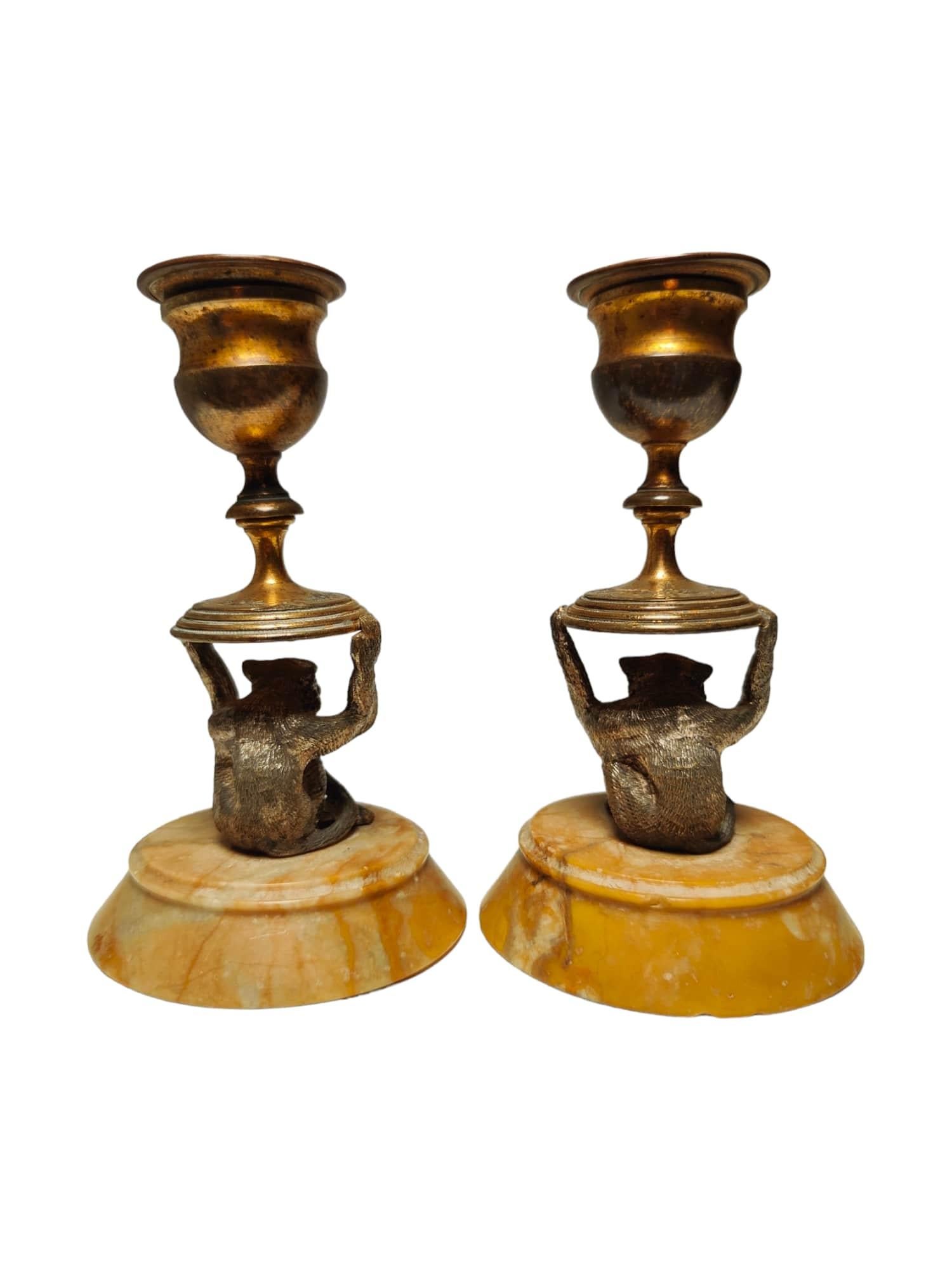 Bronze Pair of Miniature Monkey Candlesticks from the 19th Century For Sale