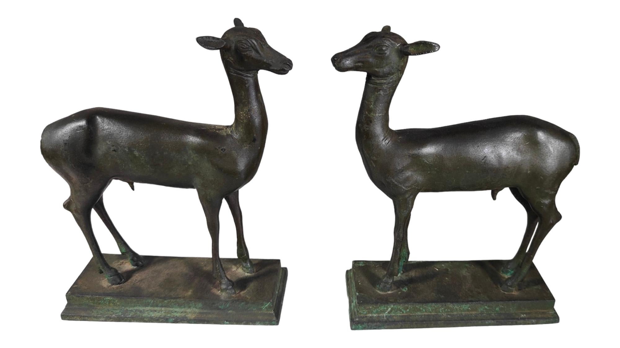 Pair Of Miniature Pompeian Deer From Herculaneum
Pair of young deer after the antique. Patinated bronze. Early 20th century. This miniature pair of young stags is a reproduction of the one kept in the Archaeological Museum of Naples under the